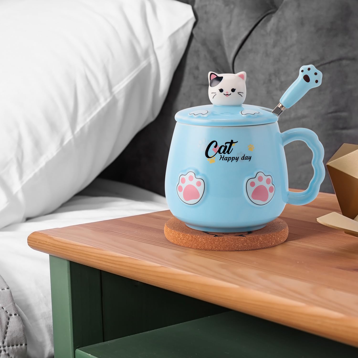 14oz Cute Cat Mug with Kitty Lid & Claw Spoon - Kawaii Ceramic Coffee Tea Cup Set with Anime Cat Coaster - Perfect Birthday Christmas Gift for Cat Lovers - Ideal for Home Office Use & Cat-Themed Parties (Blue)