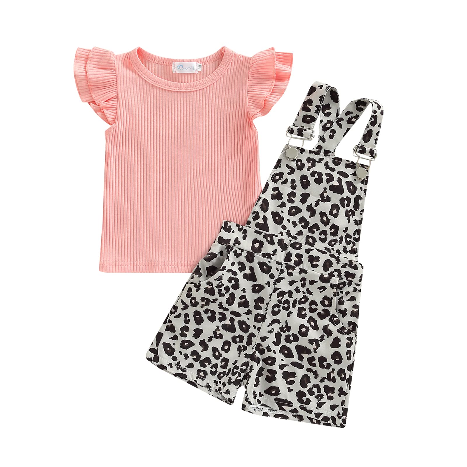 Toddler Baby Girl Summer Outfit - Flutter Sleeve T-Shirt & Floral Suspender Overalls Shorts | Cute Playtime & Photoshoot Clothes