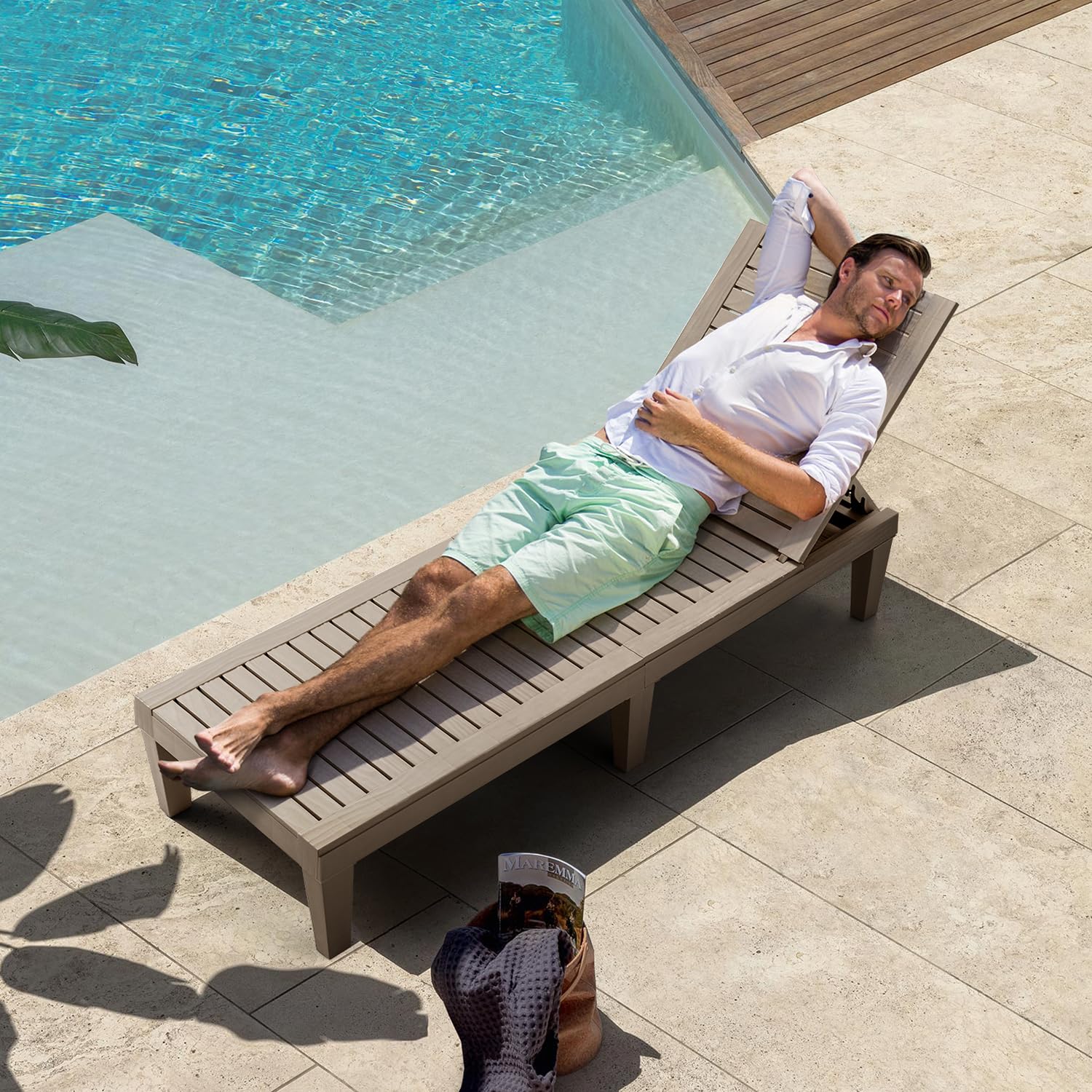 MELLCOM Outdoor Chaise Lounge Chair - 5-Position Adjustable Backrest, All-Weather Patio Lounger with Wood Texture Design - Perfect for Garden, Beach, Poolside & Backyard Relaxation