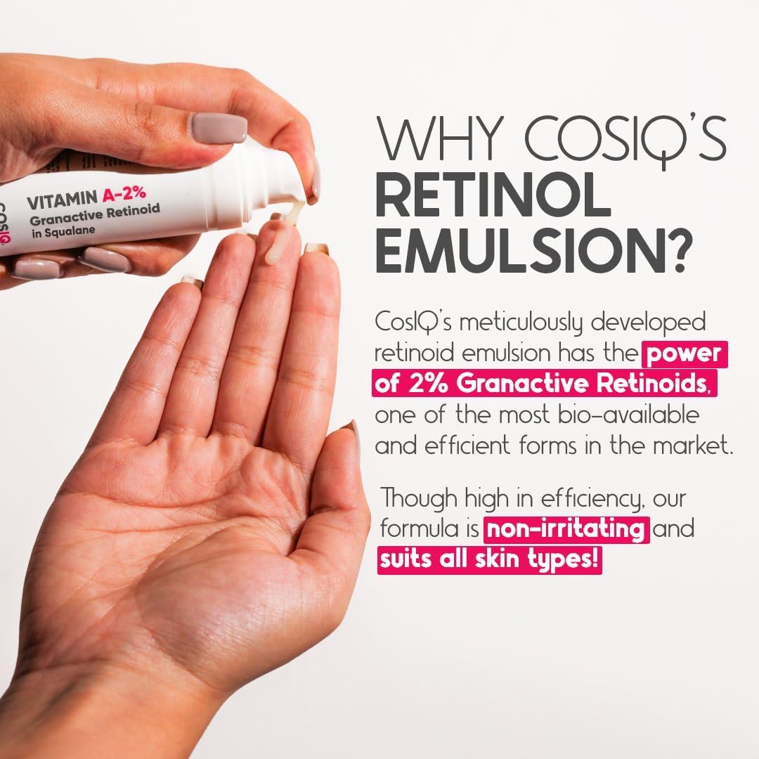 Cos-IQ 2% Granactive Retinoid Serum with Vitamin A in Squalane | Anti-Aging Face Serum for Wrinkles, Fine Lines & Acne Treatment | 4-Ingredient Retinol Night Serum for Women & Men | 30ml | Perfect for Nighttime Skincare Routine & Sensitive Skin Care