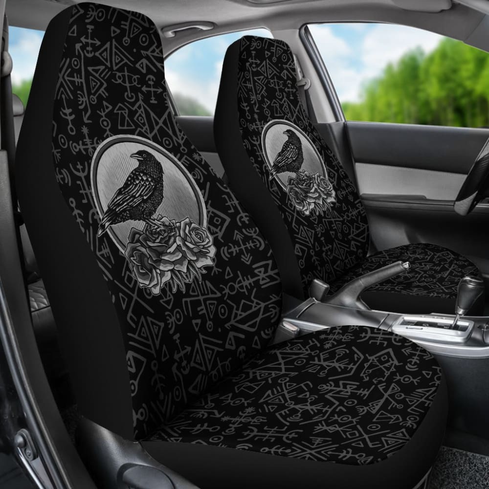 Premium Viking Odin Raven Floral Rune Symbols Car Seat Covers - Norse Mythology Design for Cars, Trucks & SUVs - Perfect for Viking Enthusiasts & Norse Decor Lovers