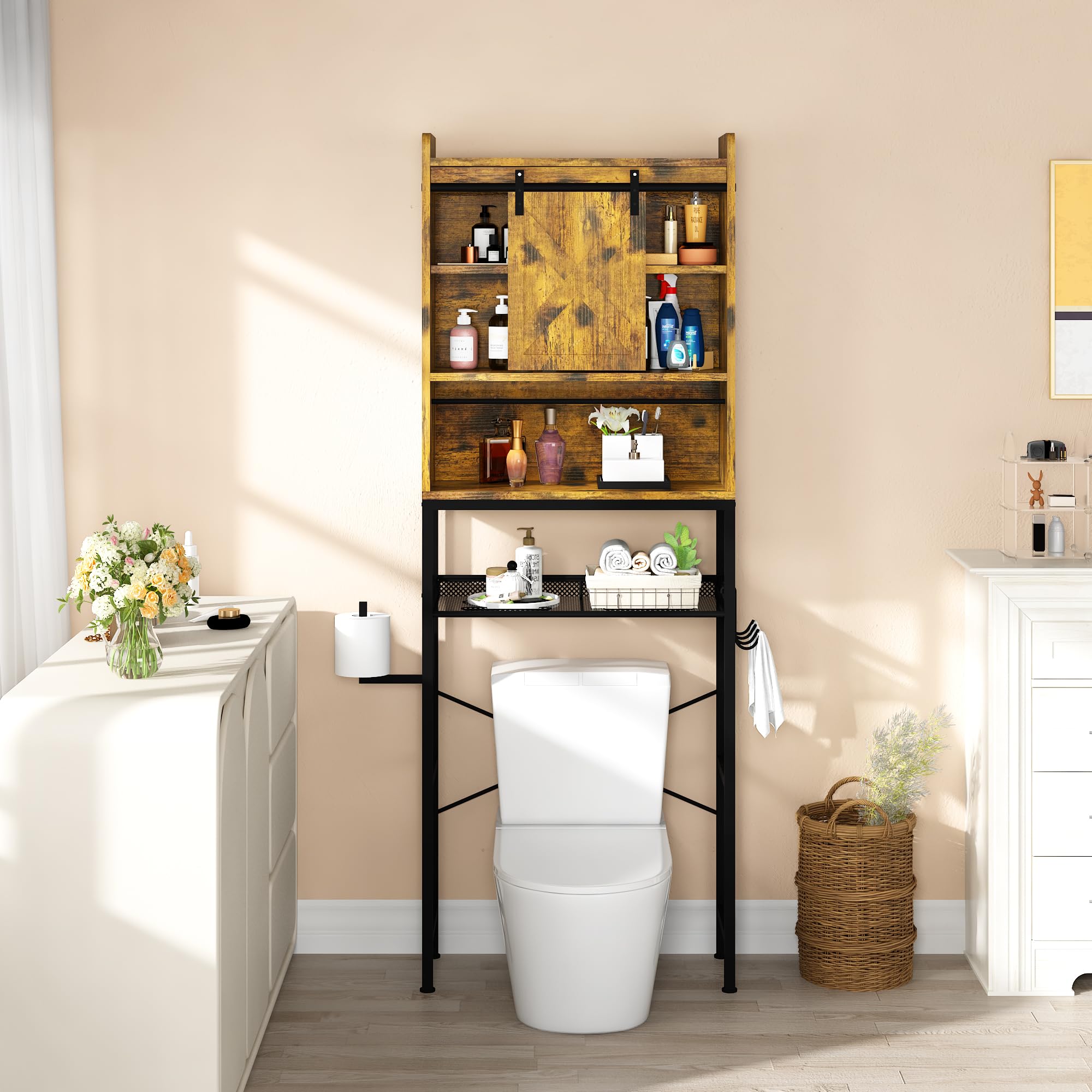 AWQM Over The Toilet Storage Cabinet - Freestanding Bathroom Organizer with Adjustable Shelves, X-Shaped Metal Frame & Barn Door Design | Space Saving Toilet Storage for Bathroom Essentials | Perfect for Small Bathrooms, Apartments & Powder Rooms (Retro Brown)