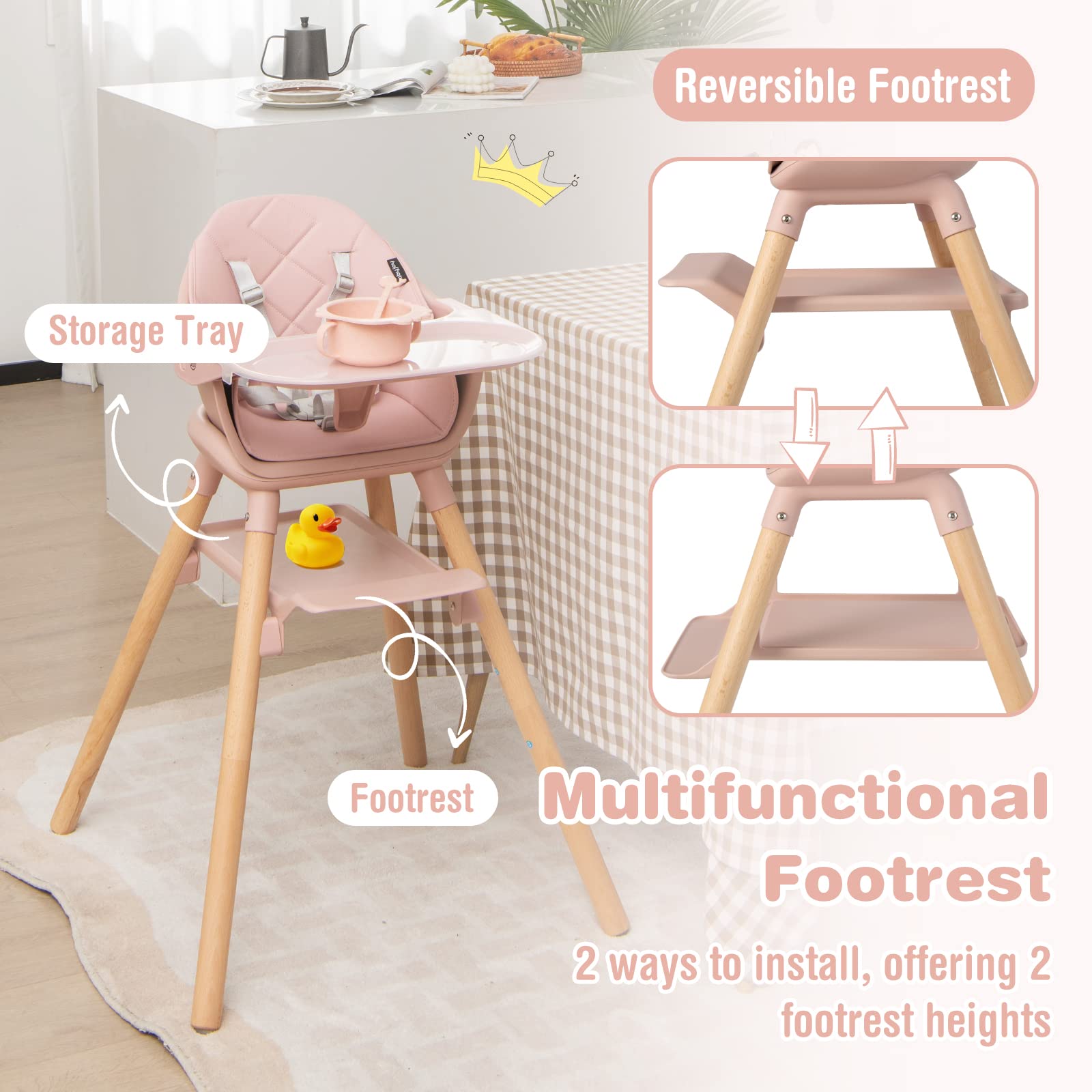 BABY JOY 6-in-1 Convertible Wooden High Chair for Babies & Toddlers - Adjustable Height, Removable Dual Trays, Safety Harness & Waterproof PU Cushion (Pink) - Perfect for Dining, Feeding & Playtime at Home or Restaurant