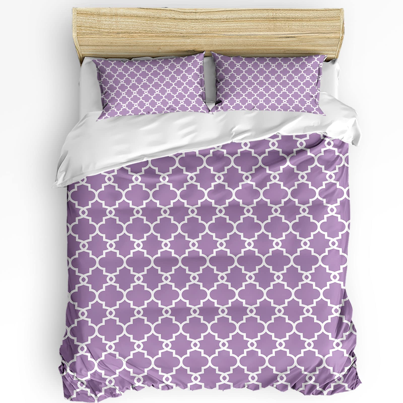 HELLOWINK 3-Piece Full Size Duvet Cover Set - Elegant Lattice Pattern in Lavender & White with 2 Pillow Shams | Soft Lightweight Comforter Cover for Bedroom Decor | Perfect for Guest Rooms, Master Bedrooms & Cozy Home Styling