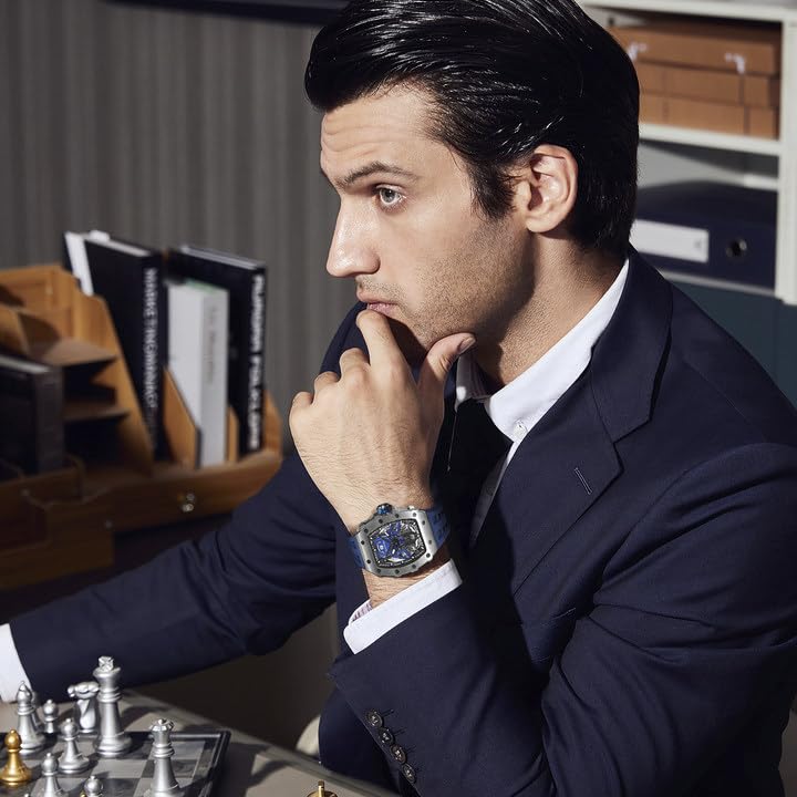 TSAR BOMBA Men's Luxury Automatic Skeleton Watch - Silver Square Big Face with Silicone Strap, 50M Waterproof Analog Watch for Business & Casual Wear - Perfect for Office, Dating & Special Occasions