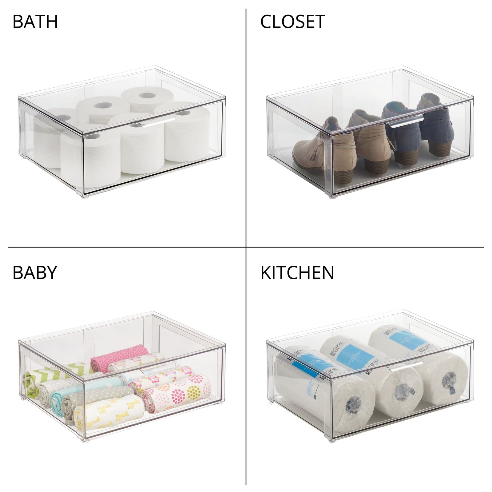 mDesign Stackable Closet Organizer Bins - 4 Pack Clear for Cabinet & Dresser Storage
