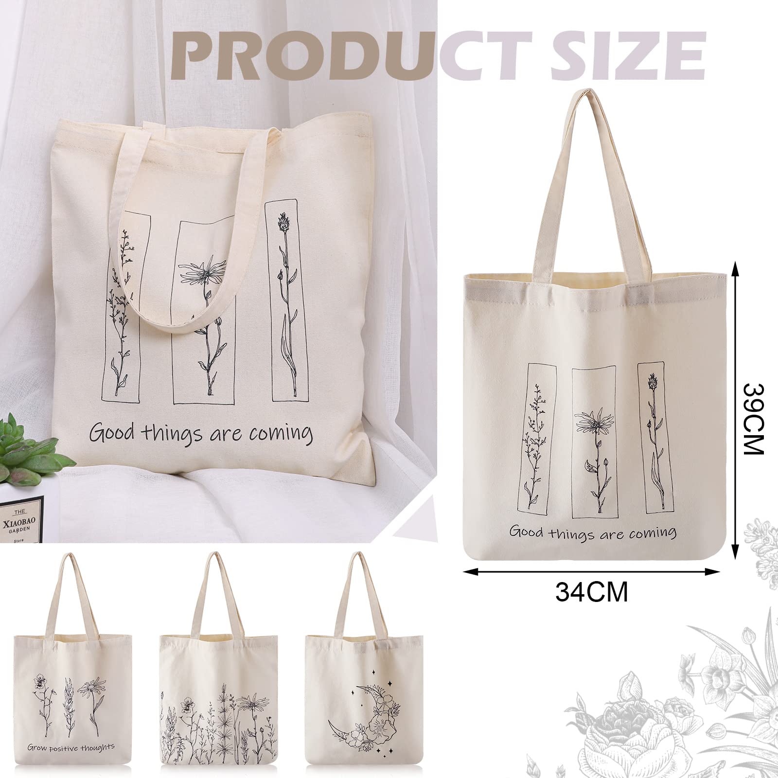 Stylish 4-Pack Canvas Tote Bags for Women - Eco-Friendly Reusable Grocery Shopping Bags with Wildflower Print - Perfect for Grocery Shopping, Beach Trips, and Daily Errands