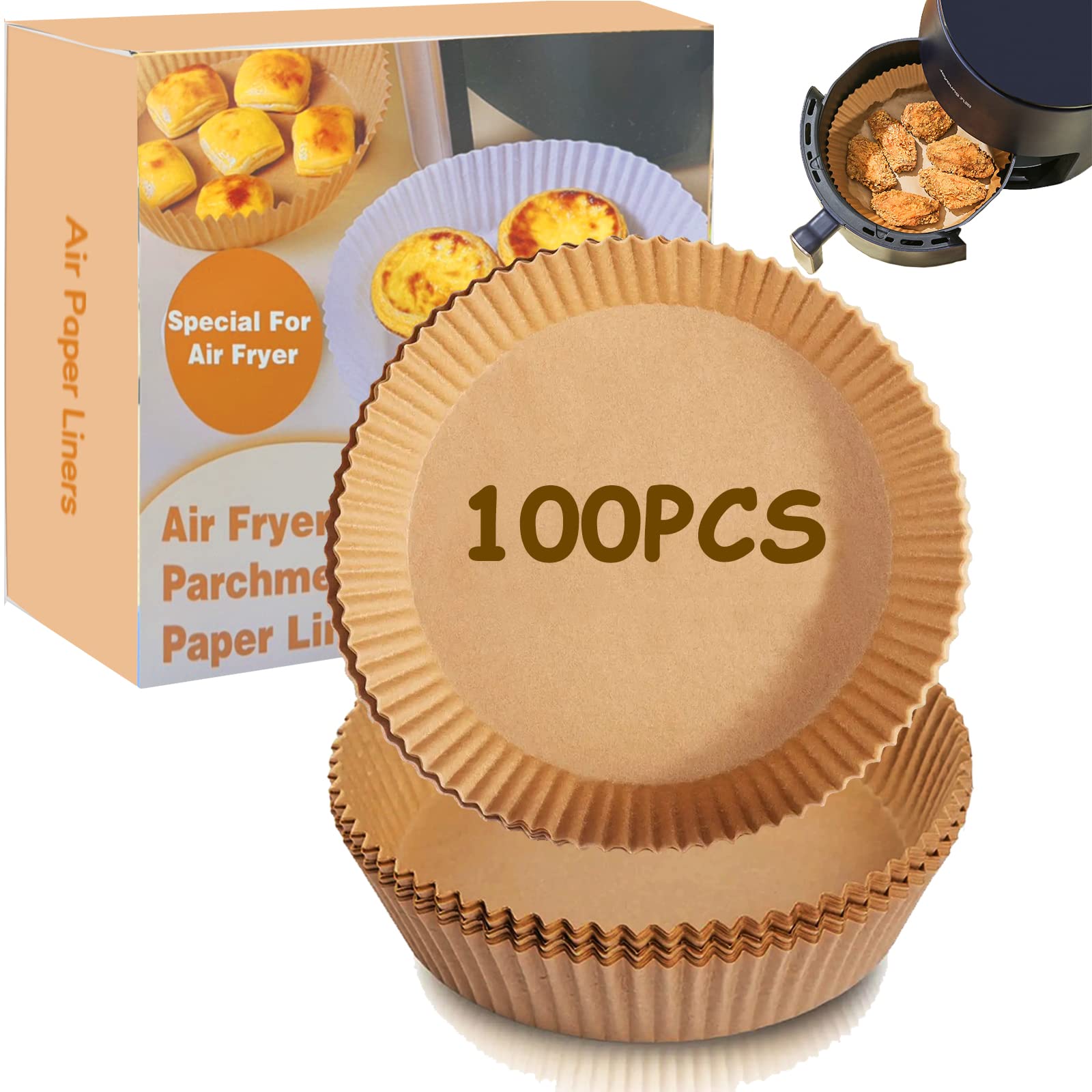 Non-Stick Air Fryer Disposable Paper Liners - 100PCS 6.3 Inch Round Parchment Baking Sheets for Cooking, Roasting & Frying | Oil-Proof, Water-Resistant & Food Safe | Perfect for Air Fryers, Microwave Ovens & Frying Pans | Keep Your Kitchen Clean & Hassle-Free