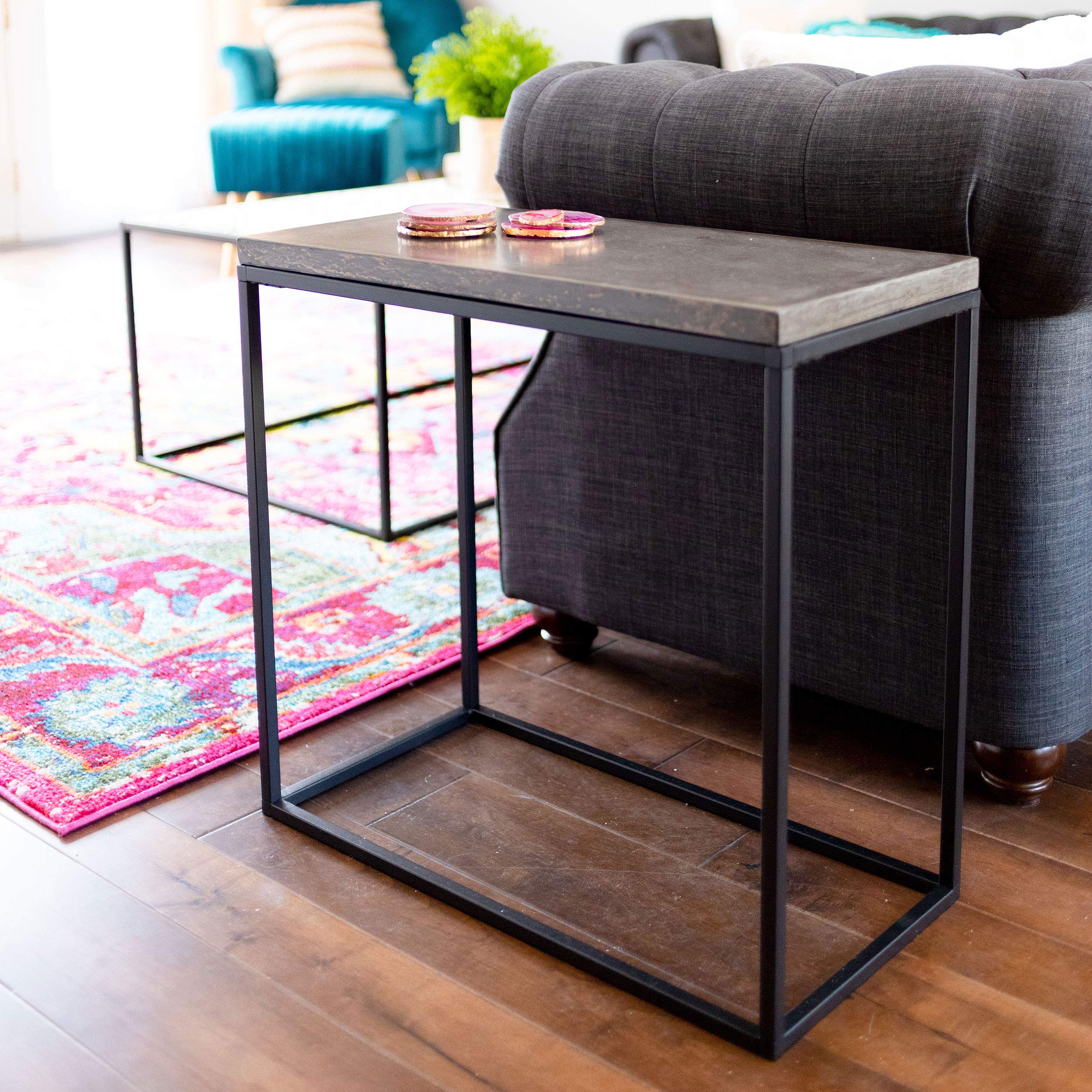 Pietra Rectangle Side Table - Modern Cement & Metal Accent End Table in Black | Perfect for Living Room, Bedroom, or Office Decor