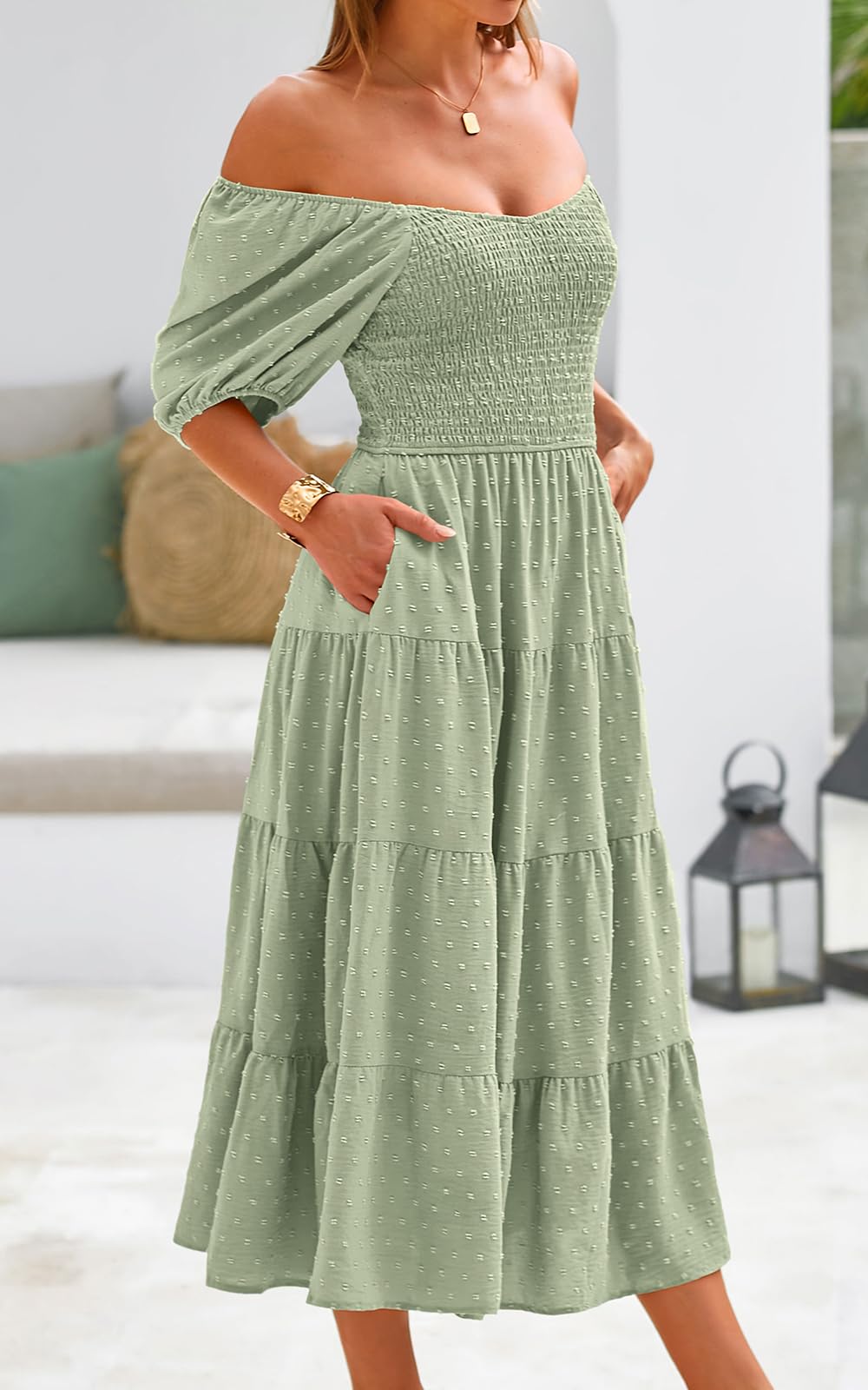 PRETTYGARDEN Women's Elegant Puff Sleeve V-Neck Swiss Dot Chiffon Maxi Dress - High Waist Tiered Smocked Design for Spring 2025 | Perfect for Weddings, Garden Parties & Summer Vacations