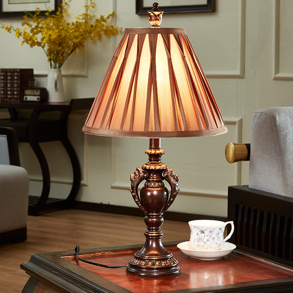 Vintage Bronze Resin Table Lamp with Drum Shade - Bedroom Nightstand Light, Living Room & Study Desk Lamp - Perfect for Cozy Reading Nook, Home Office Lighting, and Bedside Ambience
