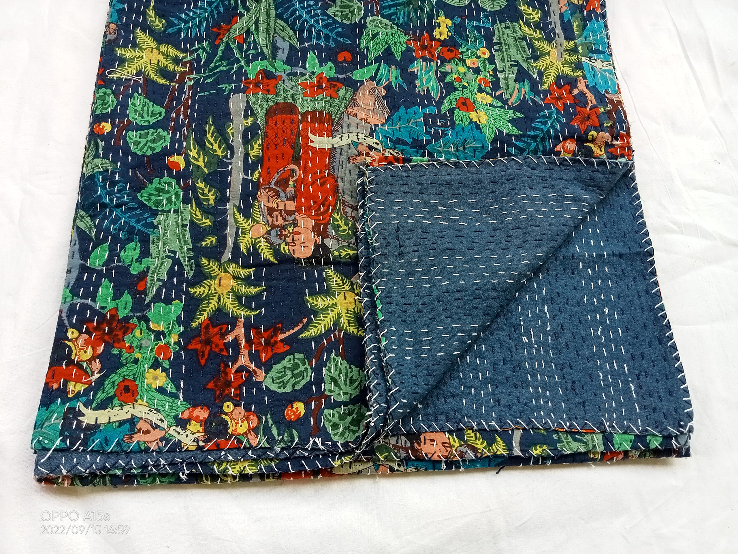 Handmade Indian Kantha Quilt - Traditional Handblock Print Cotton Bedspread, Lightweight Throw Blanket & Decorative Bed Cover for Boho Home Decor, Guest Room & Cozy Living Spaces