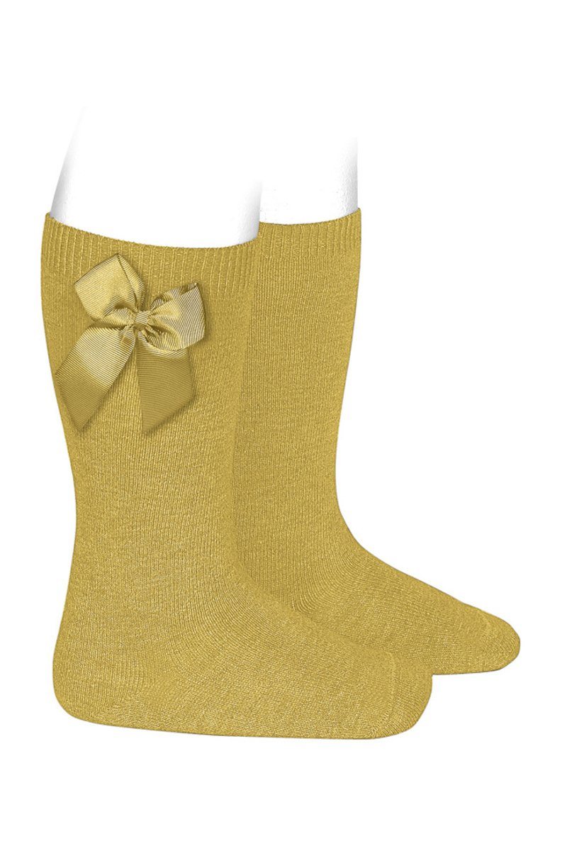 Mustard Yellow Grosgrain Ribbon Bow Knee High Socks for Women - Fashionable Vintage Style Dress Socks for School Uniforms, Cosplay & Retro Outfits
