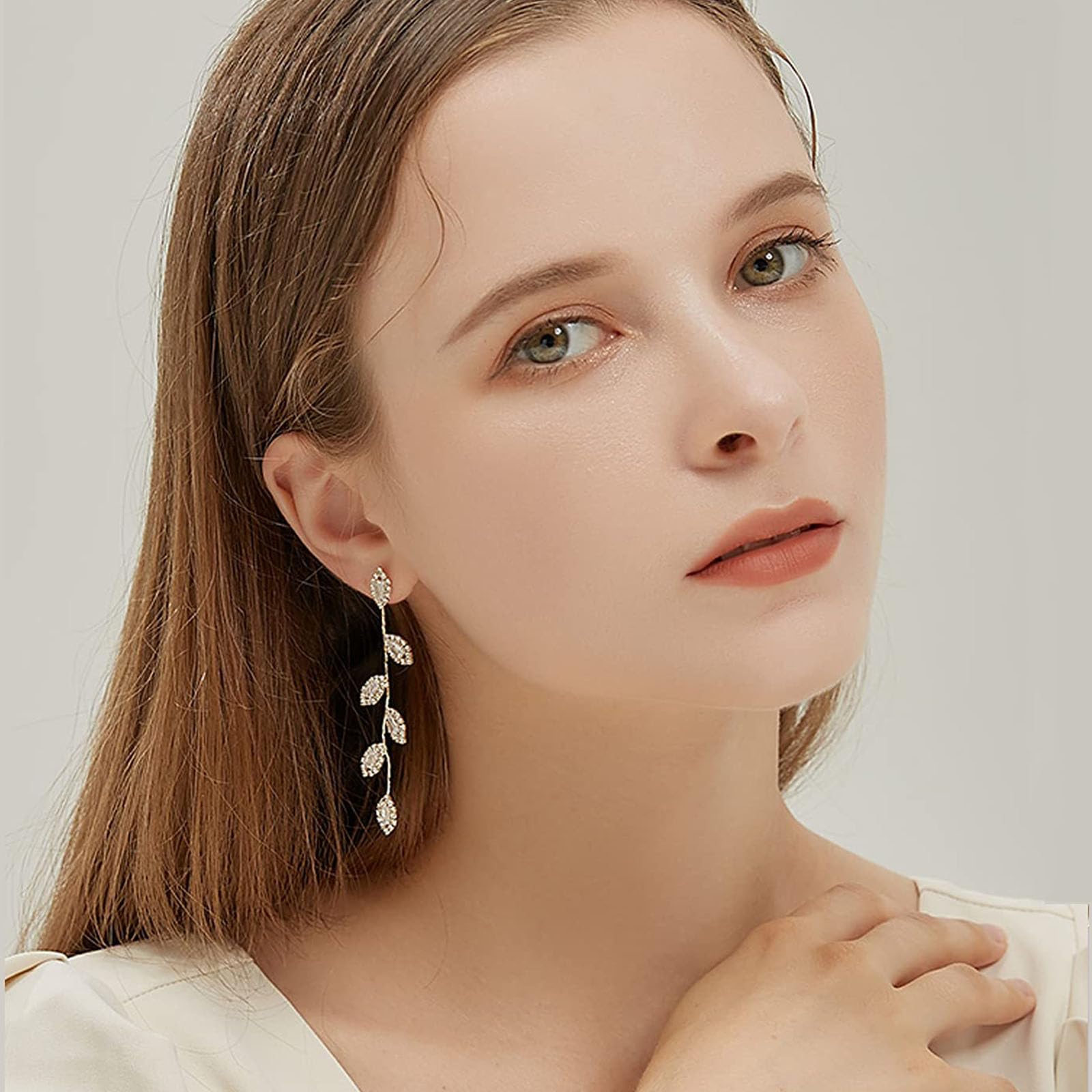 Elegant Silver Drop Dangling Earrings for Women - Rhinestone Bridal Wedding Prom Anniversary Jewelry - Delicate Leaf Design Long Earrings - Perfect for Weddings, Parties, and Special Occasions