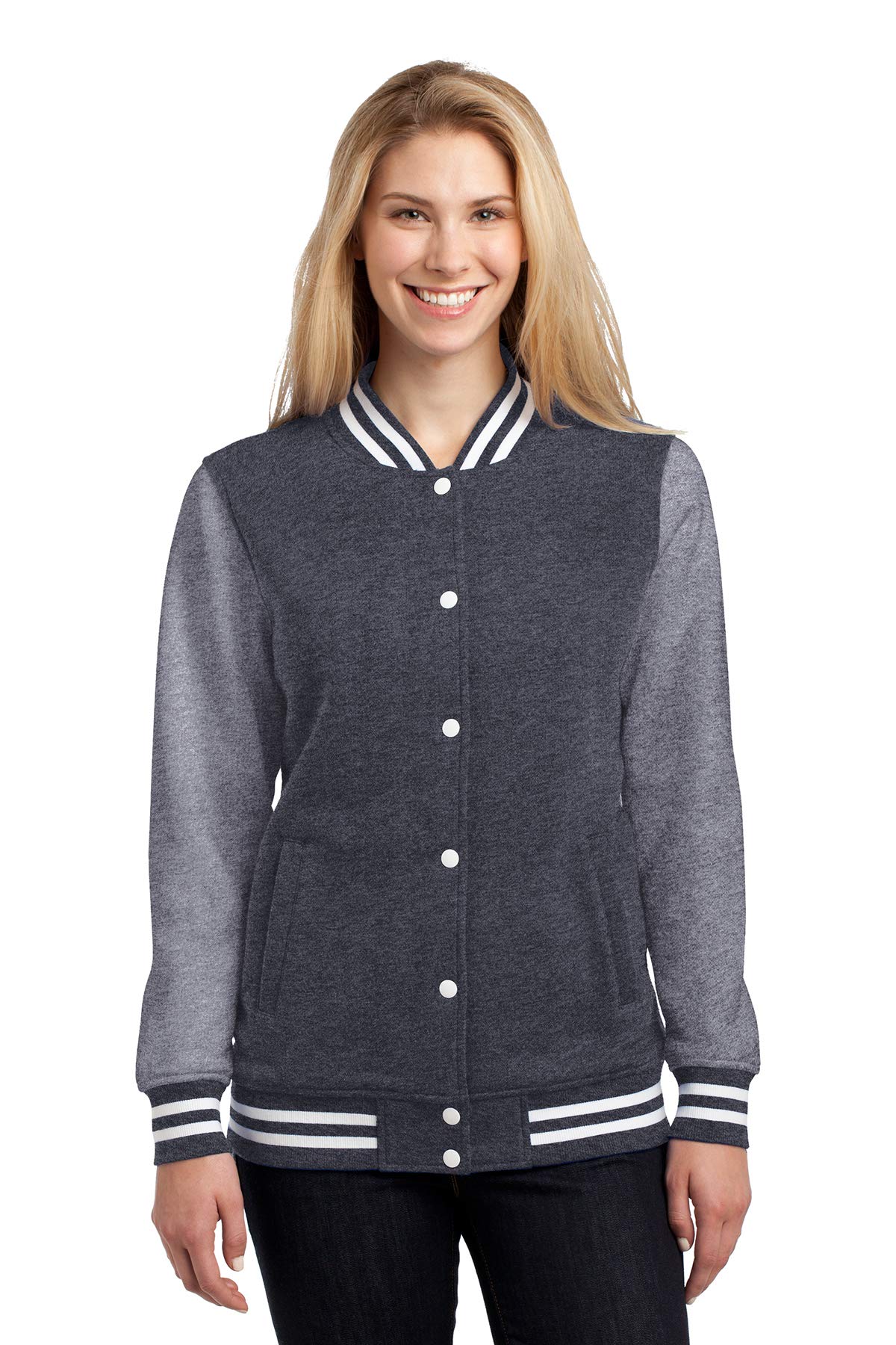 SPORT-TEK Women's Fleece Letterman Jacket - Soft Warm Varsity Style Coat for Casual Wear, Outdoor Activities & Sports Events