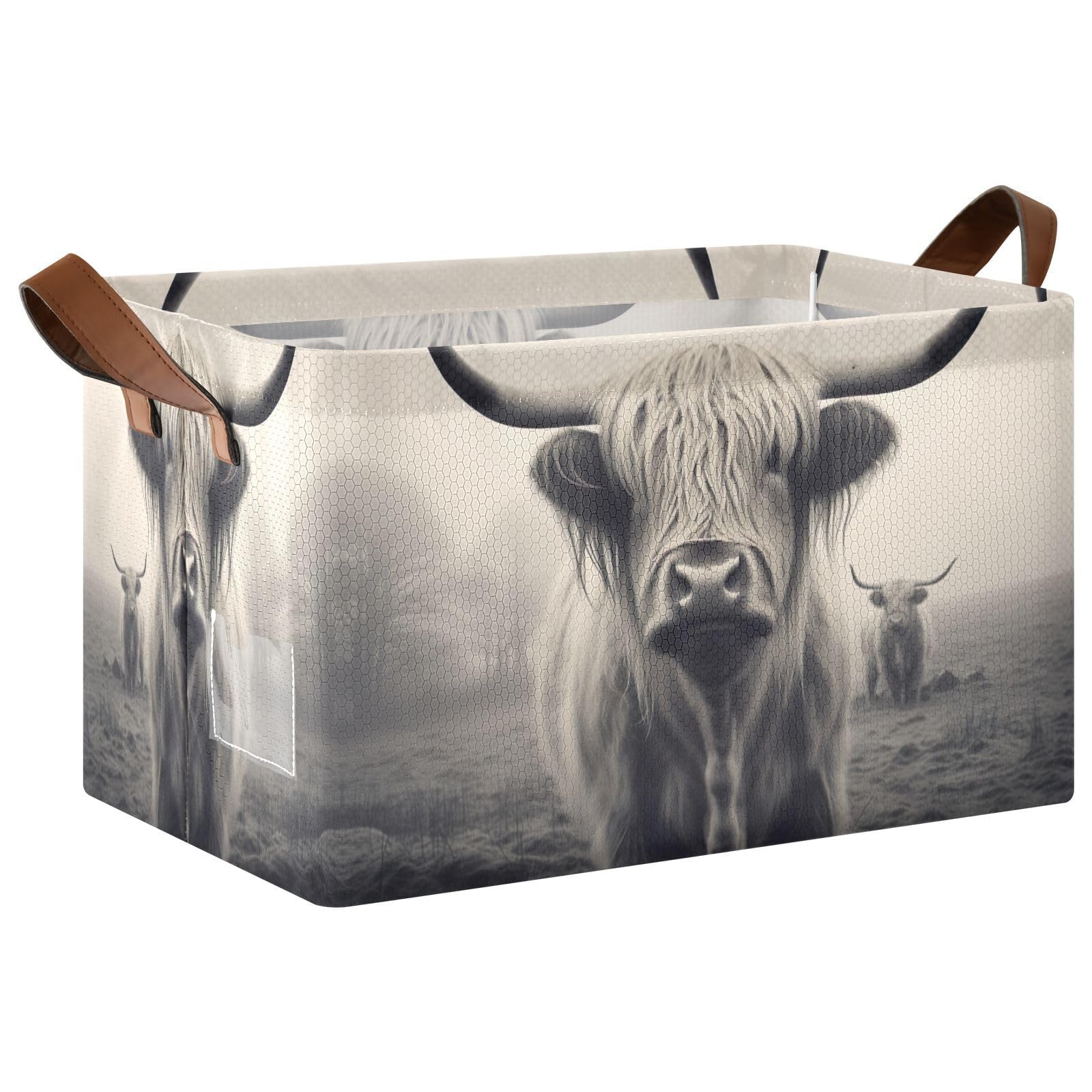 Highland Cattle Storage Bins 2 Pack - Collapsible Fabric Storage Baskets for Shelves, Closet & Office Organization - 32L Foldable Home Organizer with Handles - Perfect for Bedroom, Nursery & Laundry Room Storage