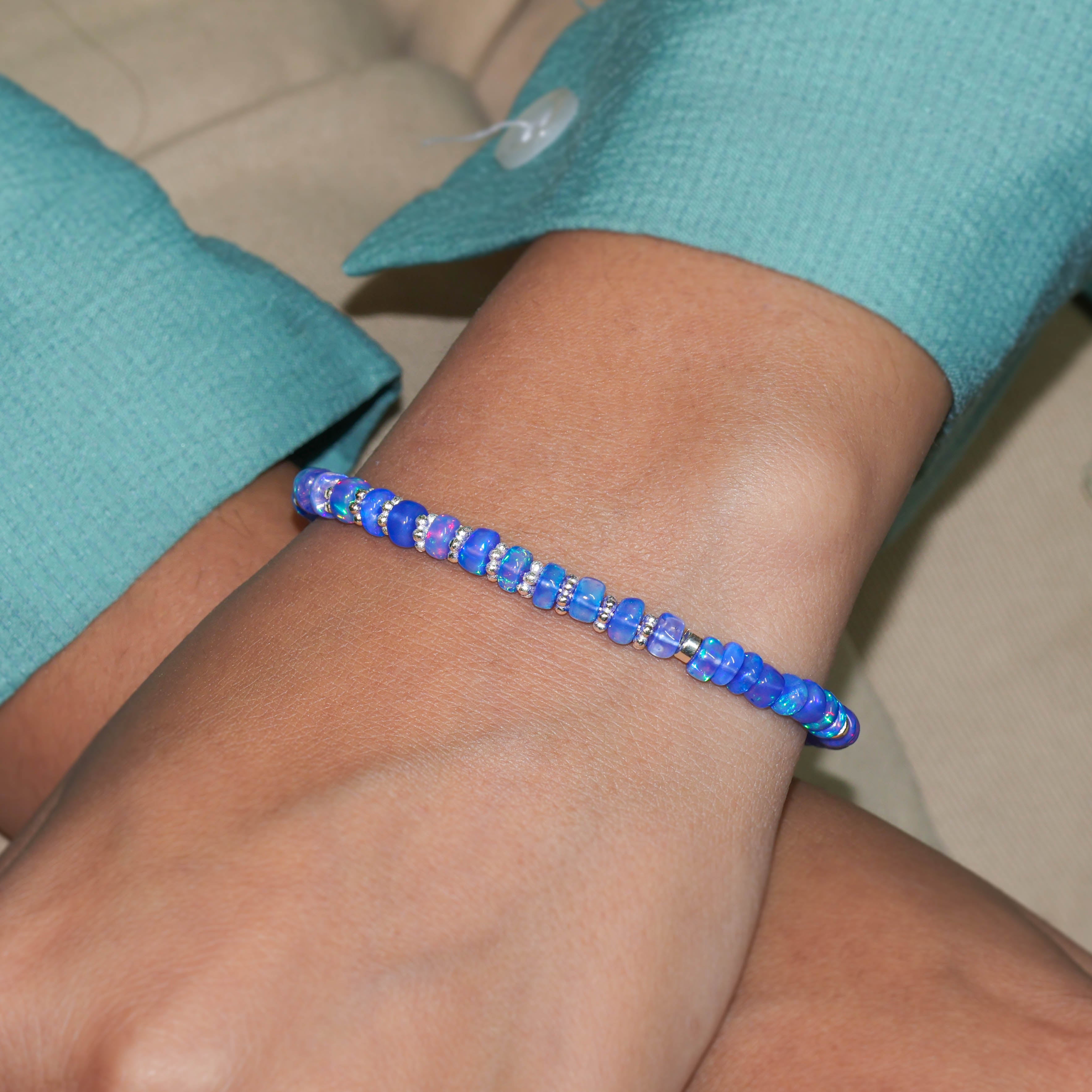 Blue Opal Beaded Bracelet with Circular Silver Chakri Beads - Handmade Boho Jewelry for Women, Spiritual Healing & Meditation Accessory - Perfect for Yoga, Reiki & Everyday Wear