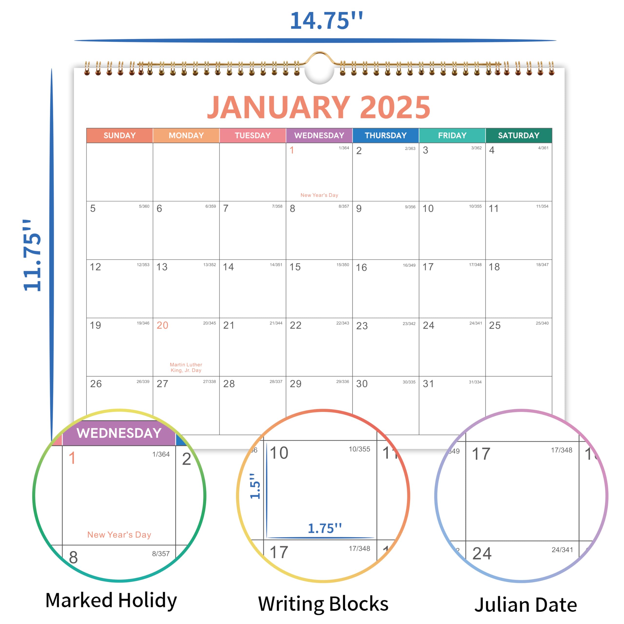 2025 Wall Calendar - Spiral Bound January to December 2025 with Premium Thick Paper, 14.5