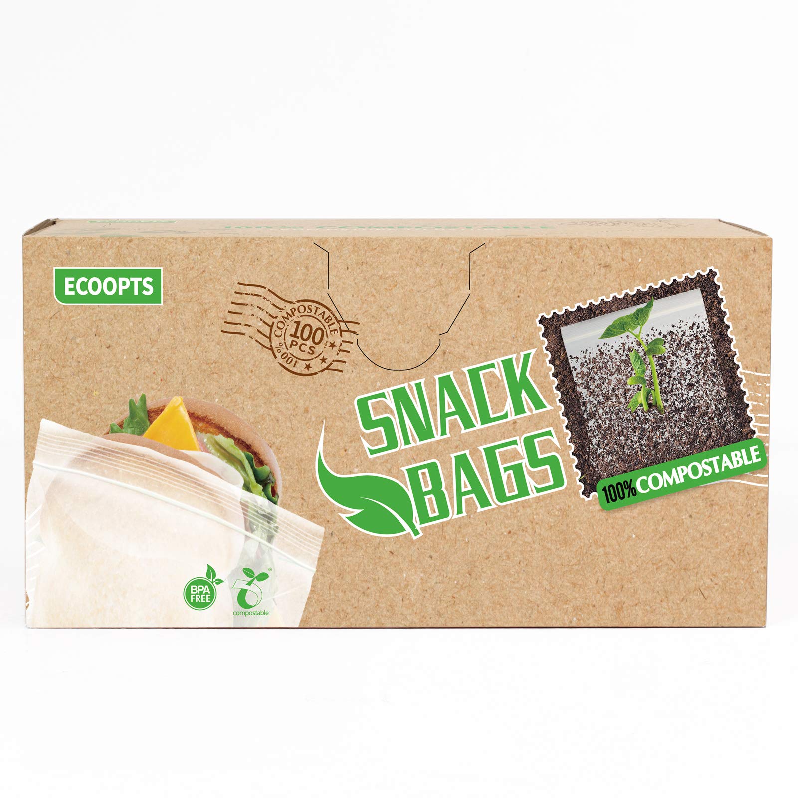 ECOOPTS 100% Compostable Snack Bags - 100 Count Extra Strength Food Storage Bags | Plant-Based Freezer Safe Zip Bags (6.3x4 Inches) for Snacks, Sandwiches, Meal Prep & Leftovers