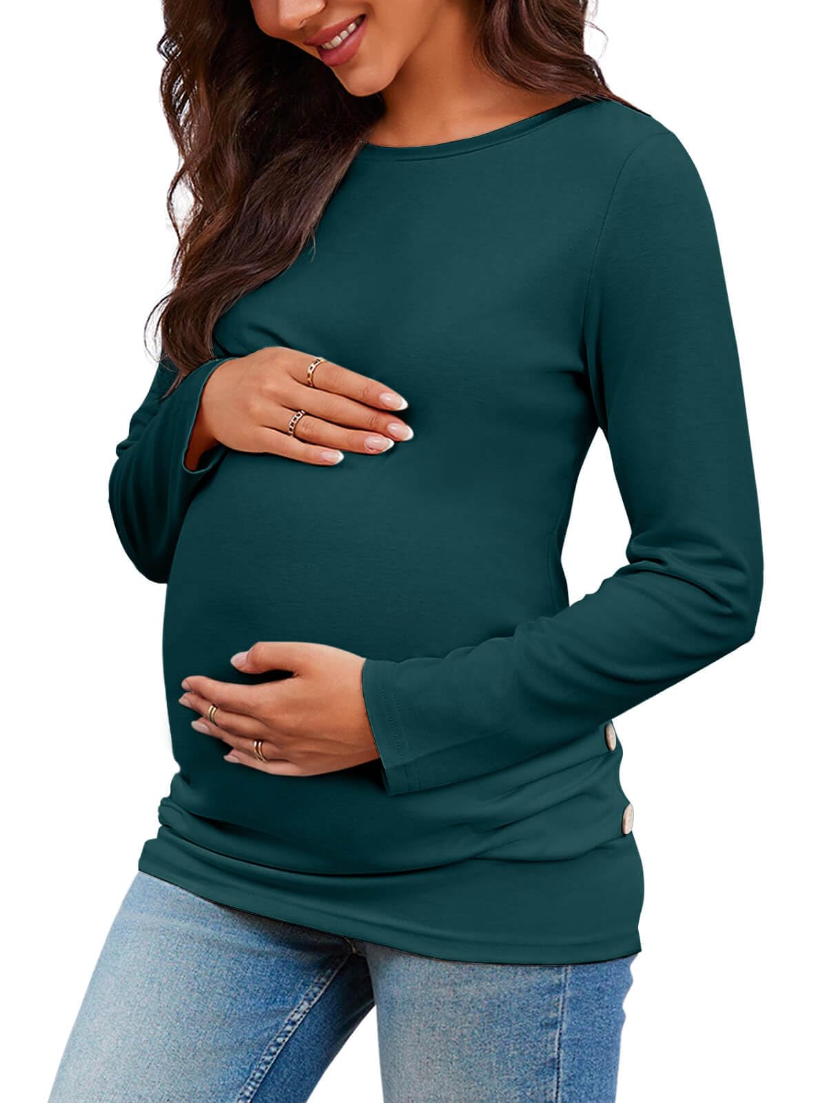 Chuanqi Women's Maternity Shirt - Fall Long Sleeve Crew Neck Pregnancy T-Shirt with Side Ruched Tunic Top | Comfortable Maternity Clothes for Work, Casual Wear & Pregnancy Photos