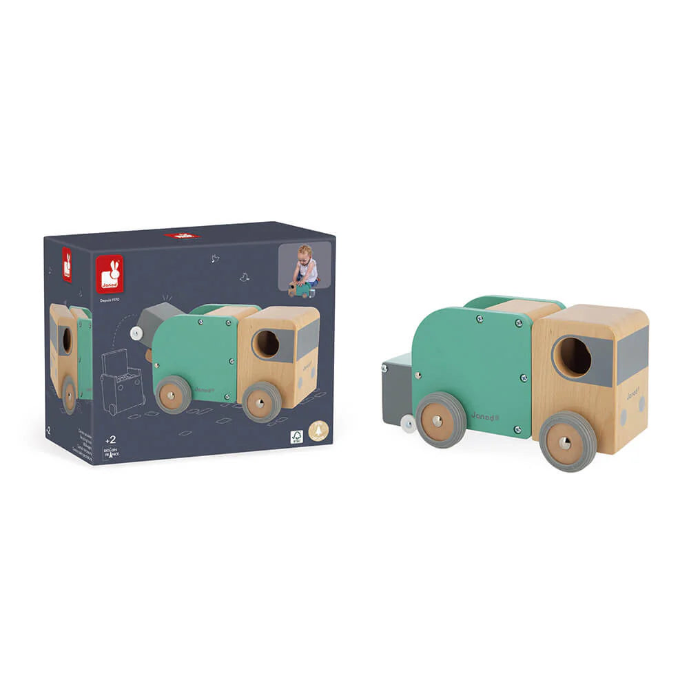 Janod Wooden Recycling Truck Toy for Kids - Eco-Friendly Educational Play for Toddlers & Preschoolers - Perfect for Imaginative Play & Learning About Sustainability