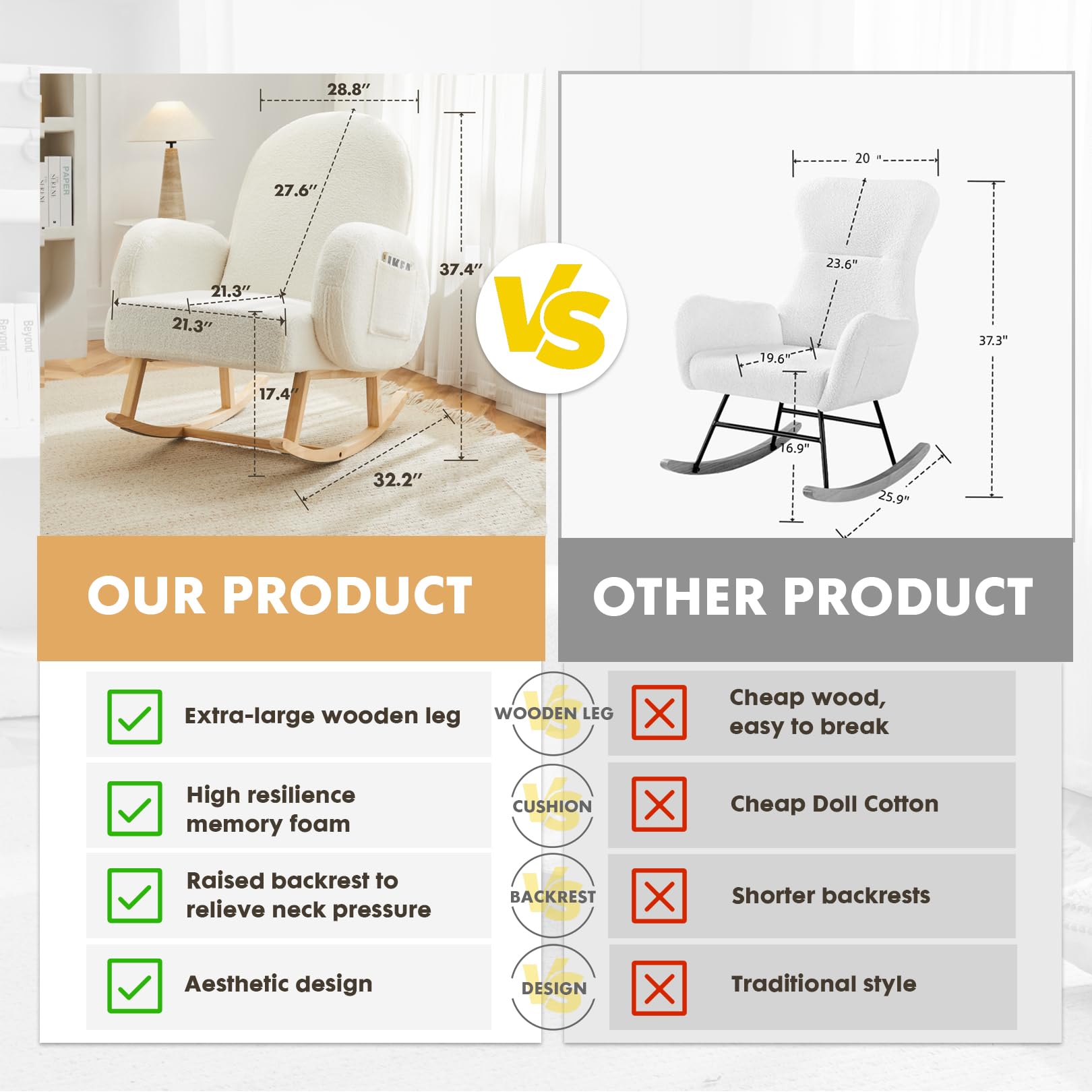 Comfortable Upholstered Rocking Chair with Side Pocket - Solid Rubber Wood Legs - Nursery Glider & Accent Chair for Living Room, Bedroom, Nursery - Perfect for Breastfeeding, Reading Nook & Relaxation