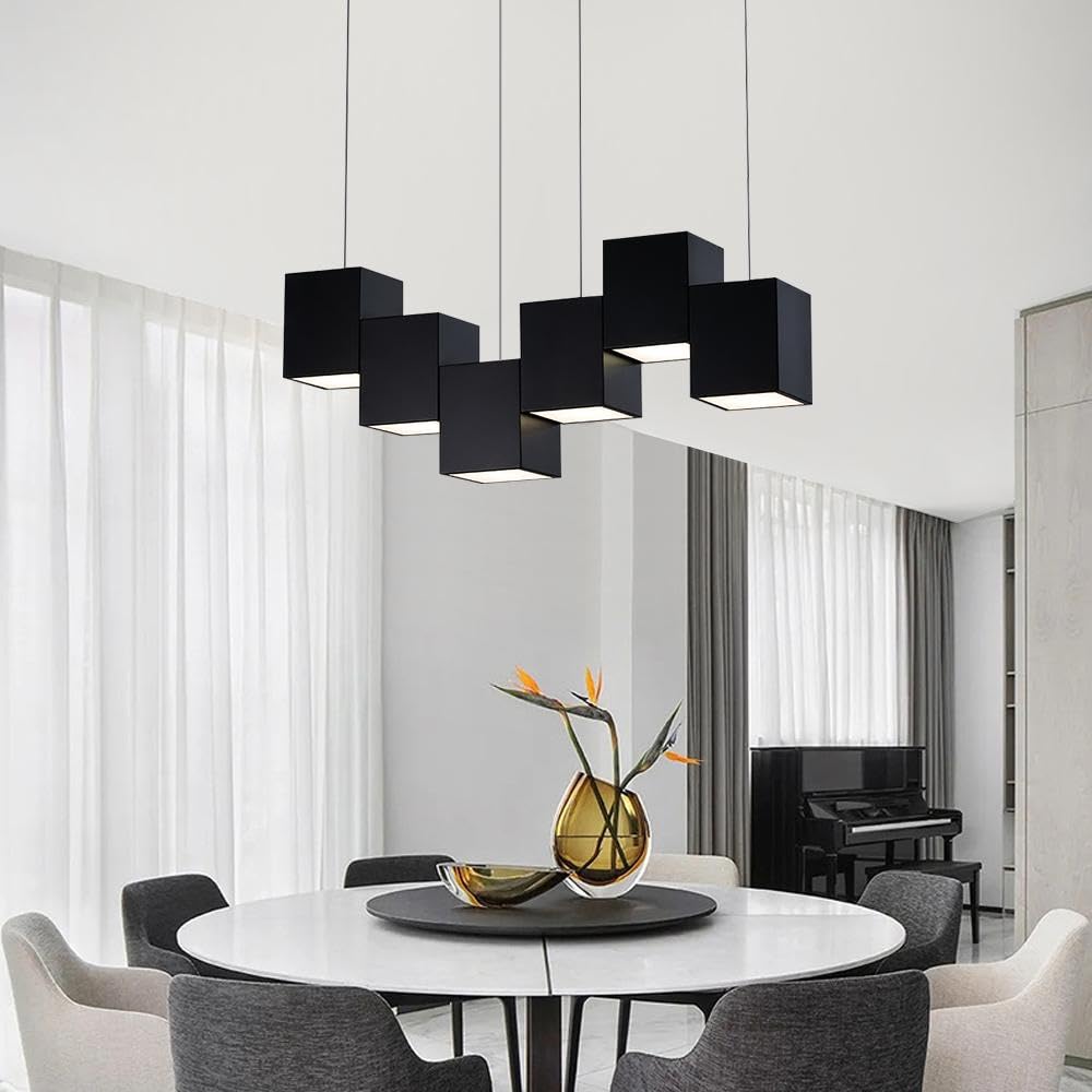 Modern Black Kitchen Island Lighting - 6-Light Square Linear Chandelier for Dining Room & Kitchen Ceiling Hanging Pendant Light - Perfect for Farmhouse, Contemporary Dining Areas & Breakfast Nooks