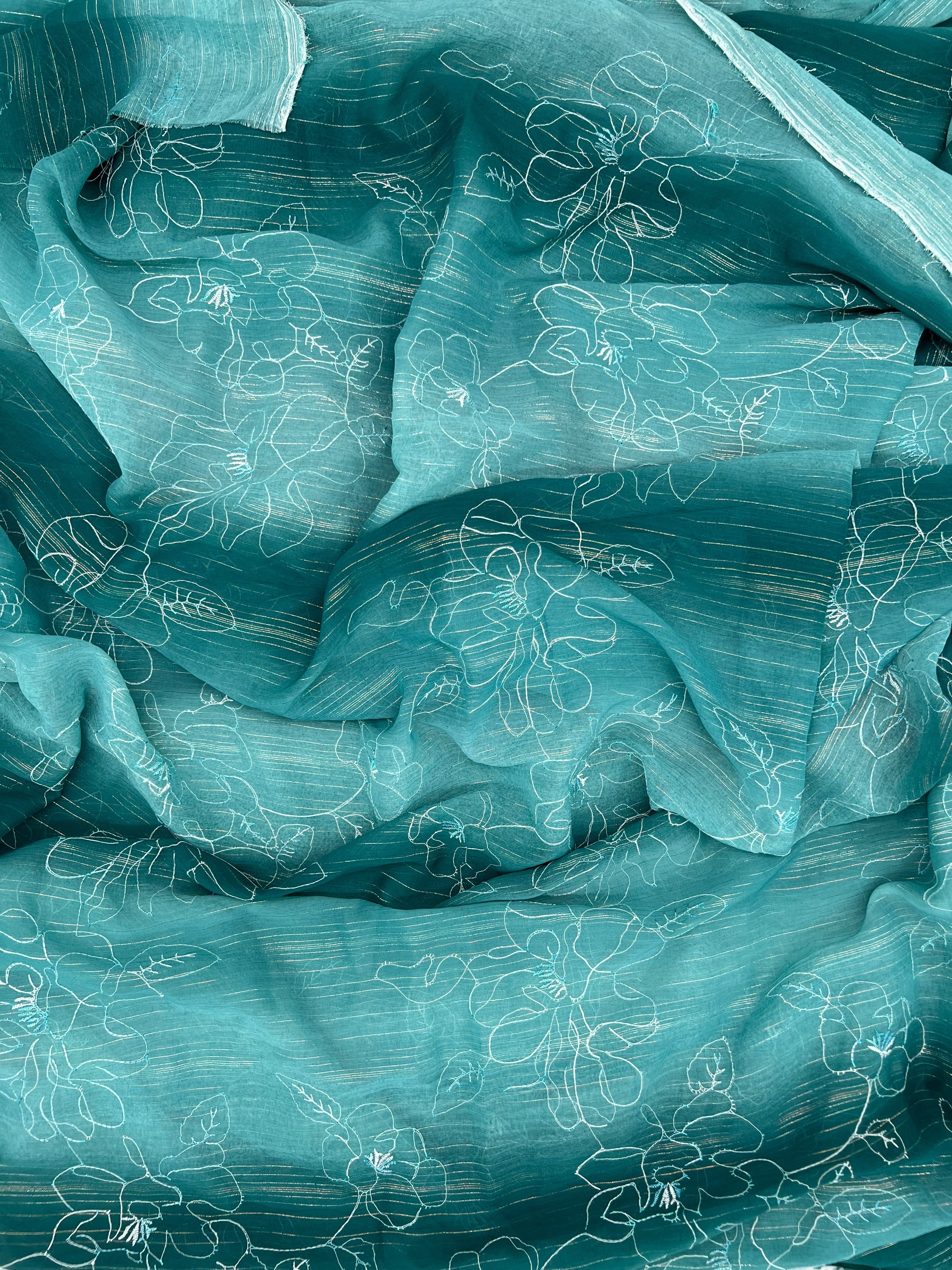Elegant Green Chiffon Fabric with White Floral Design - Perfect for Dresses, Scarves, and DIY Sewing Projects