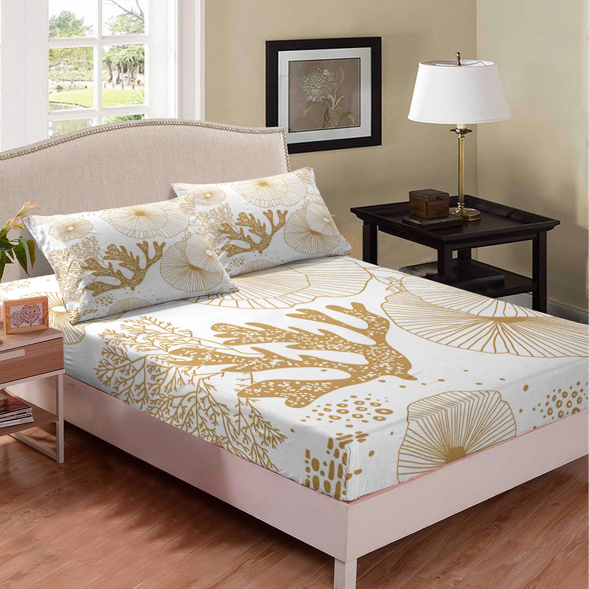 Queen Size Ultra Soft Microfiber Bedding Set - 3 Piece Fitted Sheet with Pillowcases in Minimalist Yellow Jellyfish Coral Starfish Design for Kids & Adults | Perfect for Bedroom Decor, Guest Rooms & Dorm Essentials