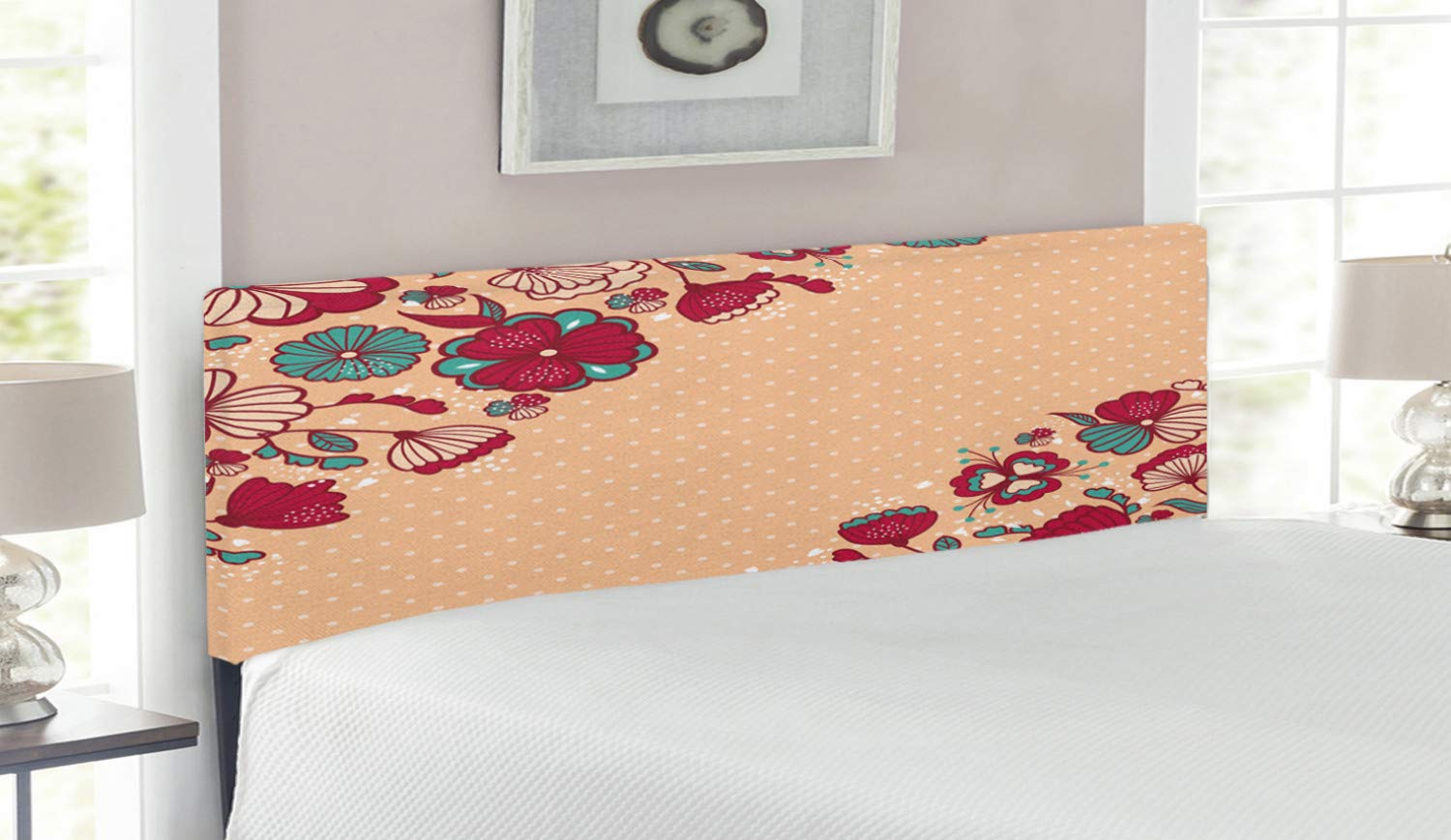 Ambesonne Floral Upholstered Headboard - Queen Size Bed Headboard with Memory Foam, Nature Flowers & Polka Dots Design in Teal Ruby Salmon - Perfect for Bedroom Decor, Guest Rooms & Master Suites