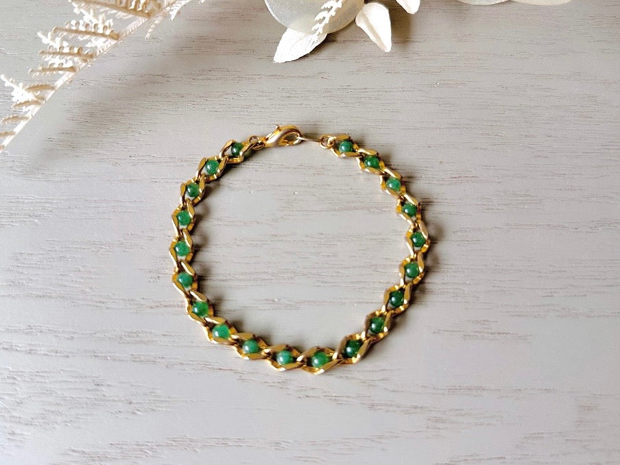 Vintage Jade Gold Link Bracelet - Green & Gold Gemstone Chain Bracelet, Delicate 8
