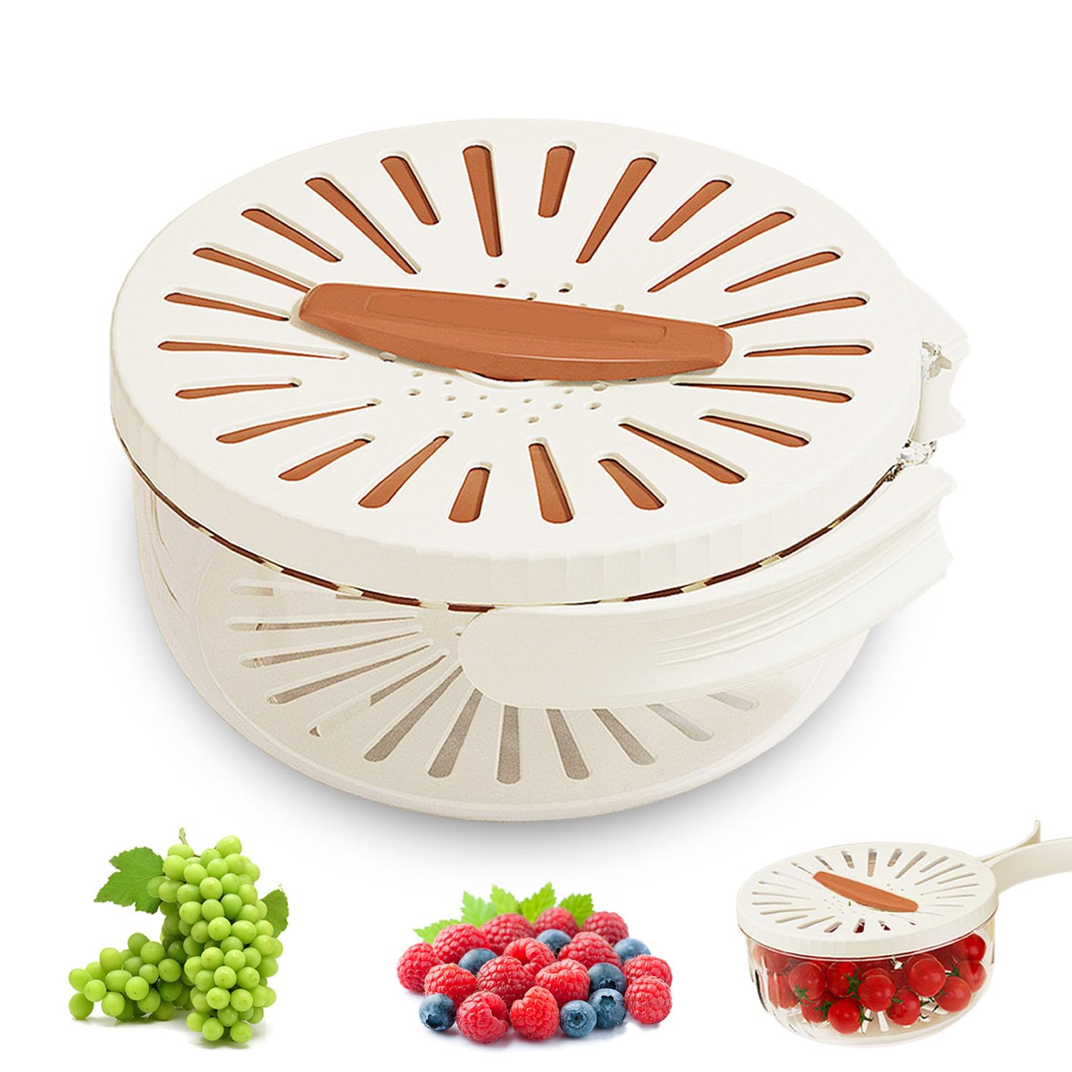 **2-in-1 Multifunctional Fruit & Vegetable Washing Bowl with Lid, Drainer & Strainer, Foldable Handle, Portable Kitchen Basin for Fresh Produce – Ideal for Home, Camping & Travel (Brown)**