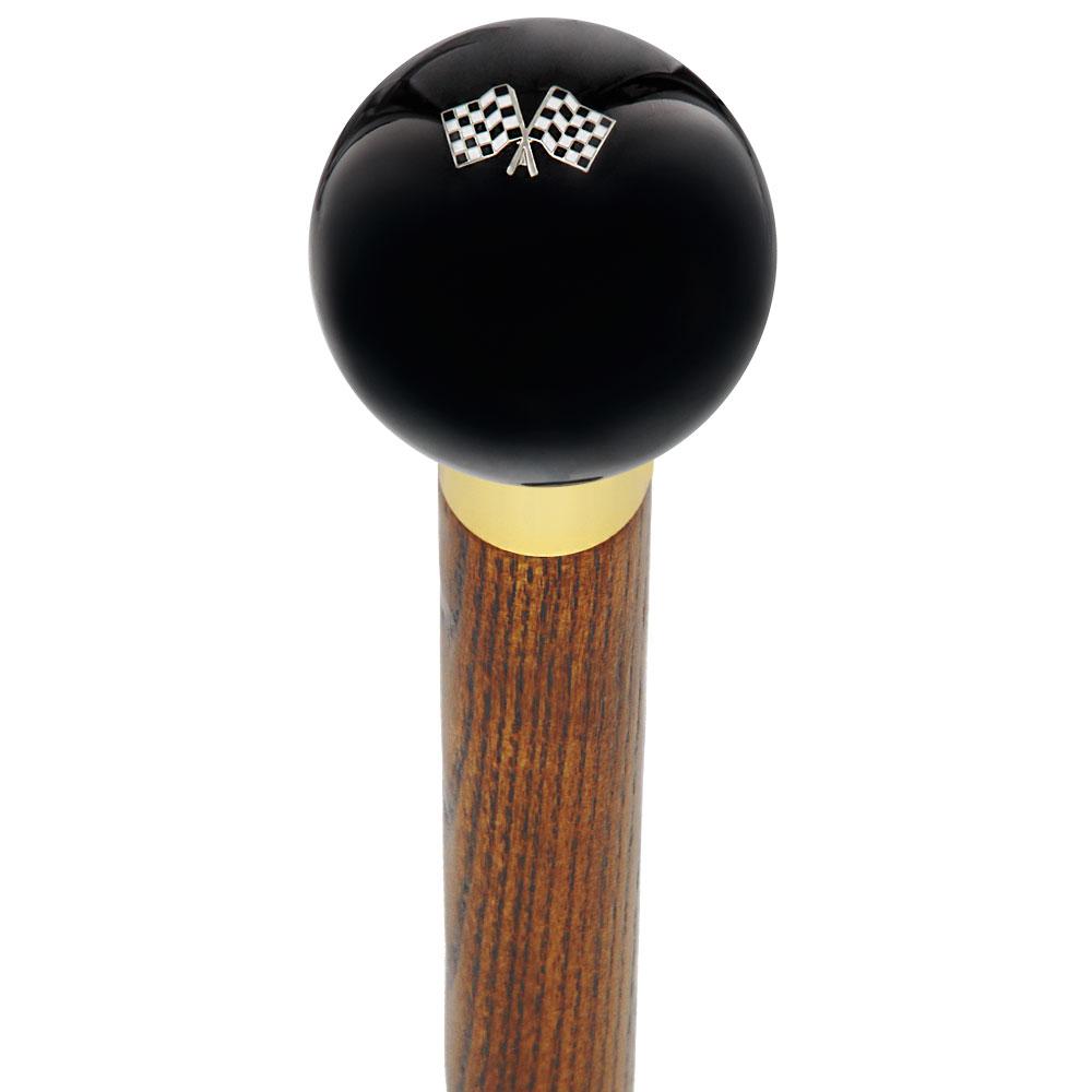 Black Checkered Racing Flag Design Round Knob Cane with Custom Wood Shaft & Collar - Perfect for Racing Enthusiasts, Mobility Support, and Sports-Themed Decor
