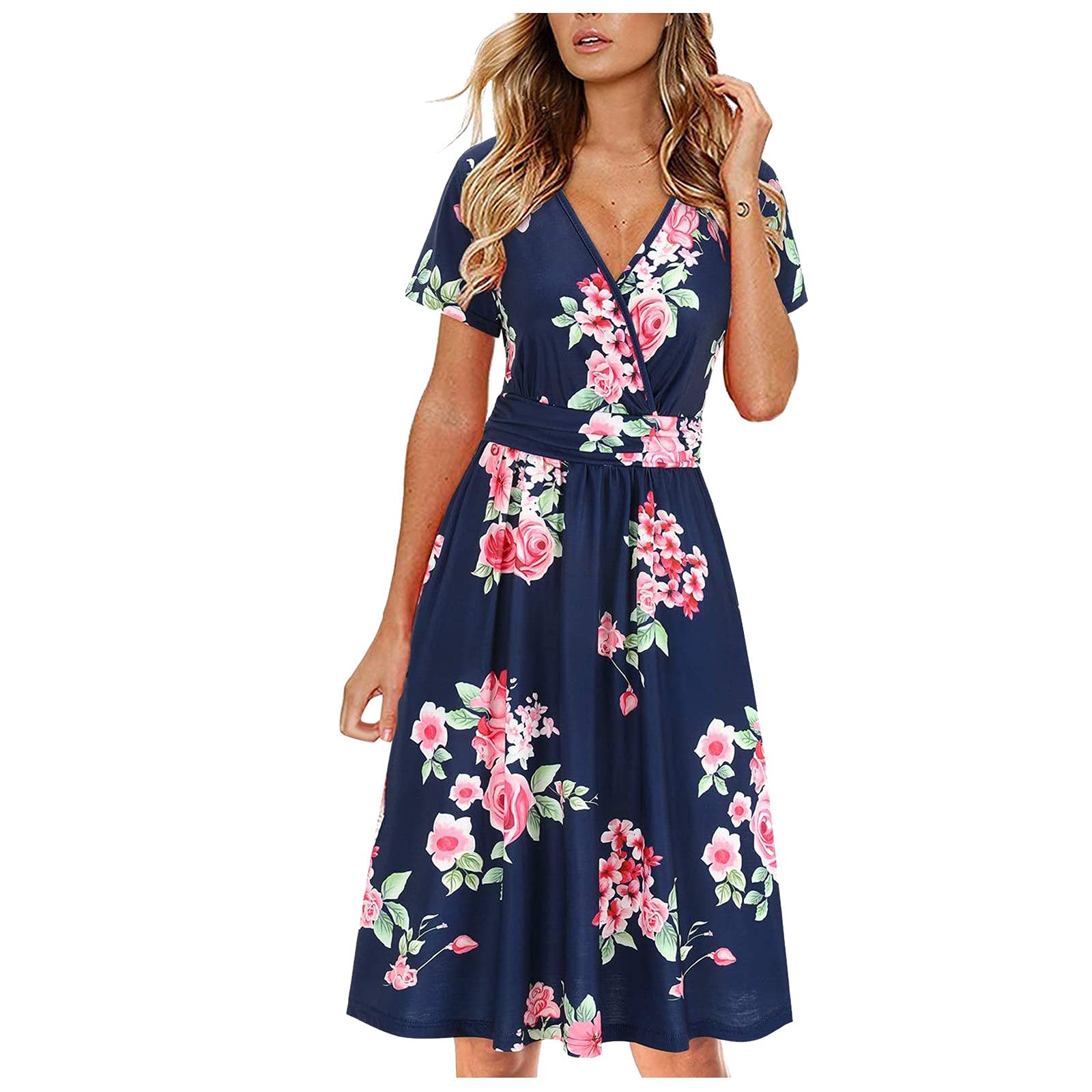 Women's Floral Print Short Sleeve Sundress - High Waist Casual Summer Beach Dress for Vacation, Pool Party & Outdoor Activities