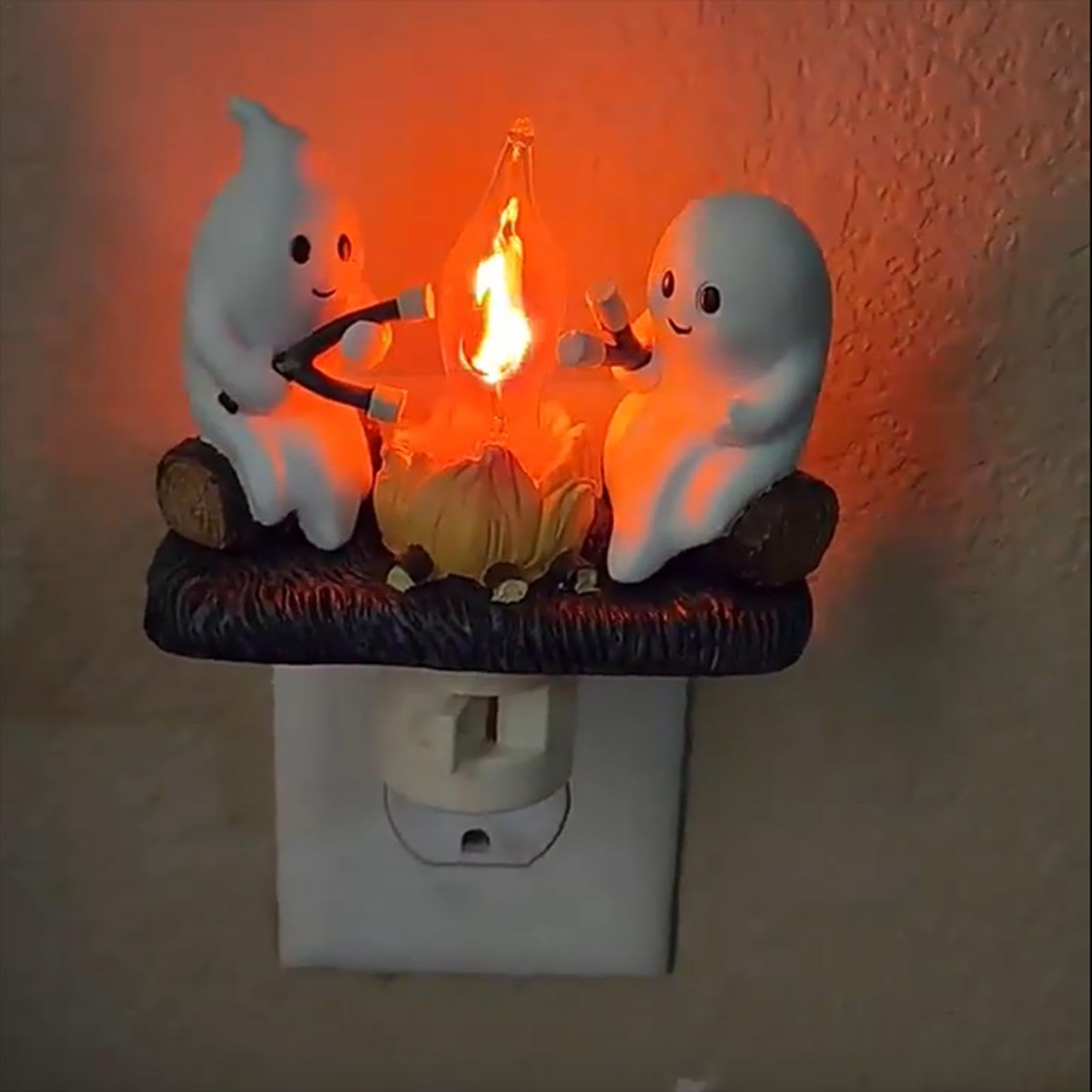 Ghost Bonfire Night Light - LED Halloween Lamp with 2 Ghosts Roasting Marshmallows, Flickering Campfire Effect, Plug-in Decor for Spooky Home & Party Use | Perfect for Halloween Decorations, Bedroom Nightlight, and Themed Parties