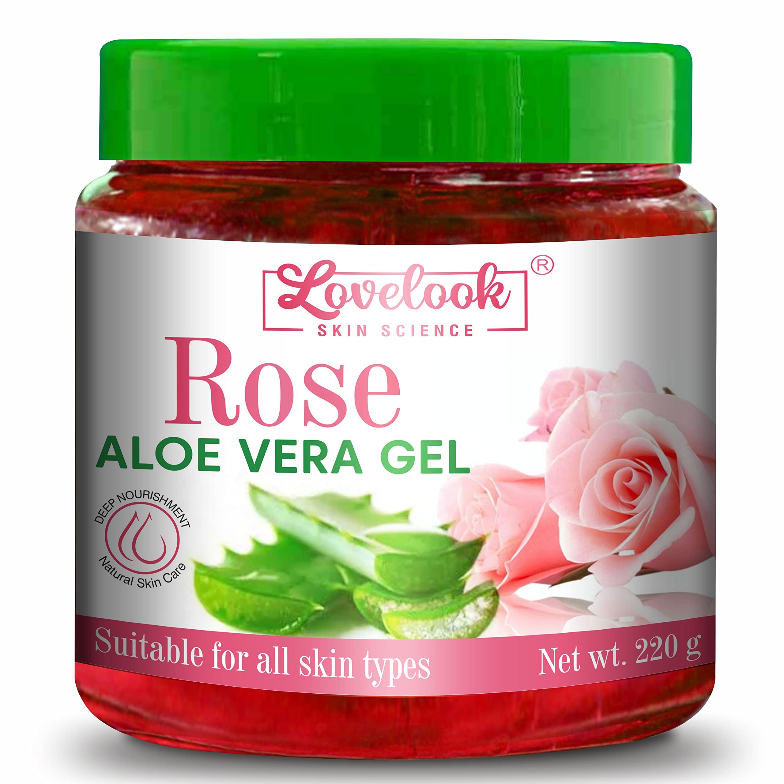 Lovelook 100% Pure Rose Aloe Vera Gel for Skin & Hair Care - 8oz (220g) - Hydrating Face Moisturizer, Sunburn Relief & Hair Conditioner - Perfect for Daily Skincare Routine & After Sun Treatment