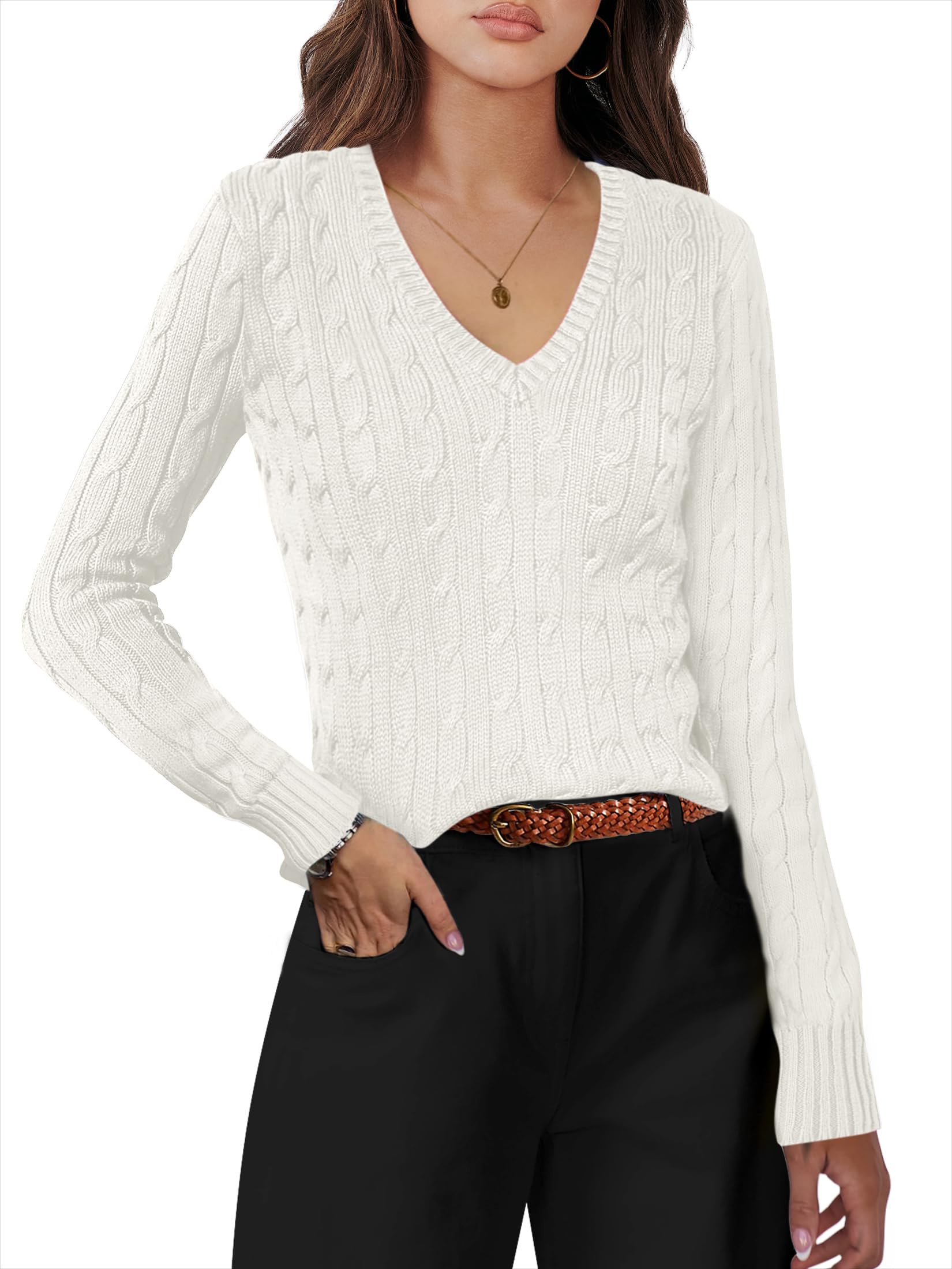 ANRABESS Women's Long Sleeve V Neck Cable Knit Sweater - Soft Pullover Top for Spring 2025 - Cute & Dressy Casual Outfit for Work, Dates & Everyday Wear