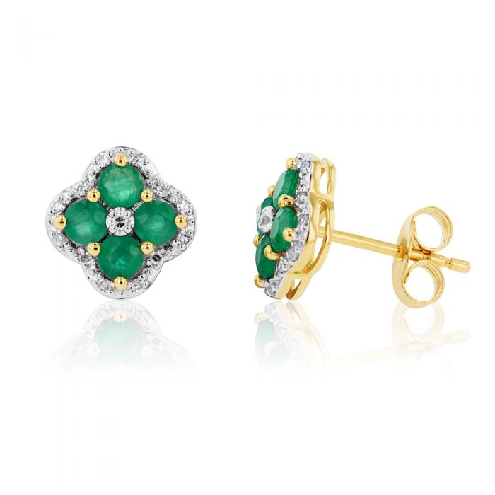 9ct Yellow Gold 1ct Natural Emerald & 0.10ct Diamond Four Leaf Clover Stud Earrings - Lucky Charm Jewelry for St. Patrick's Day & Everyday Wear