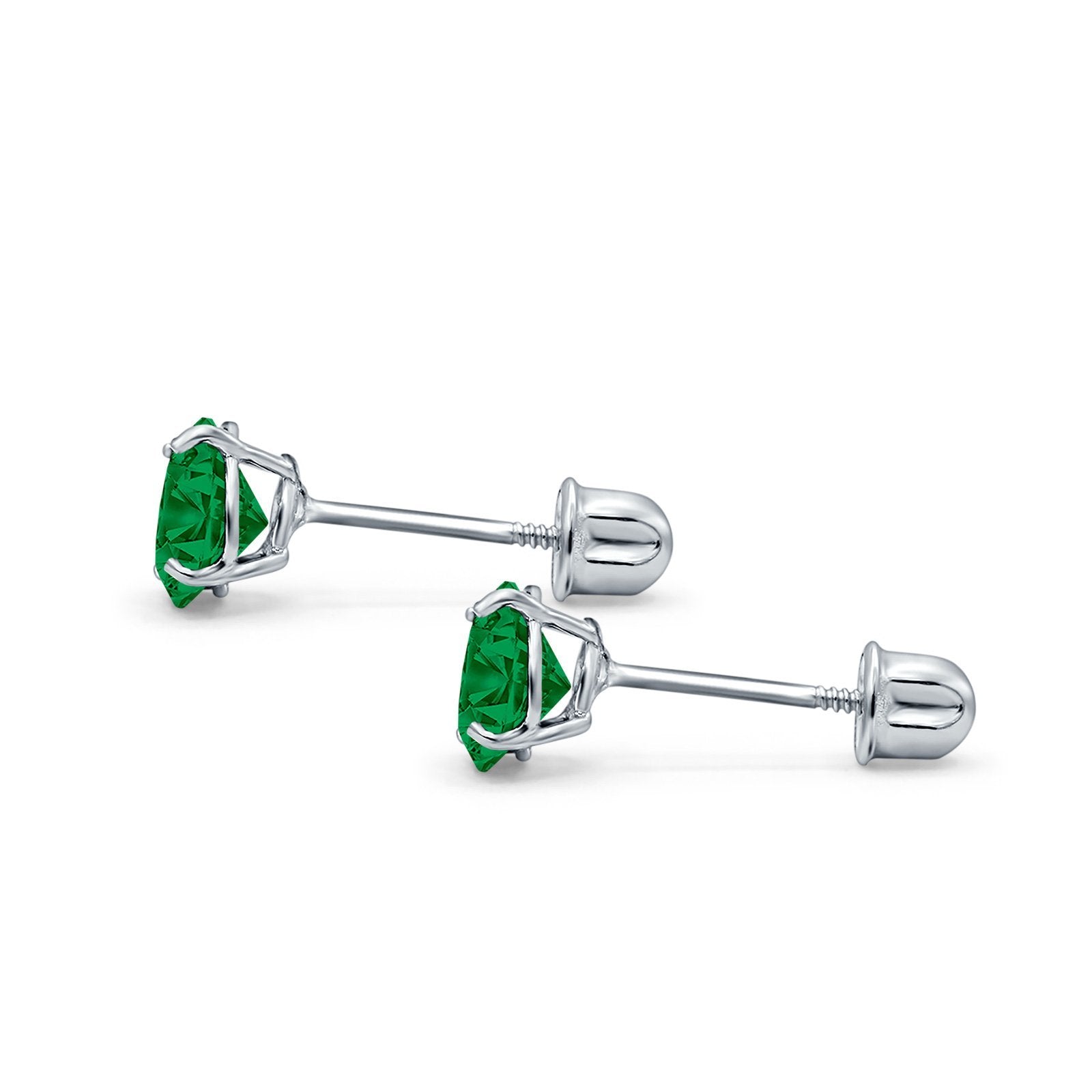 14K White Gold Round Solitaire Stud Earrings with Screw Back - Simulated Green Emerald Cubic Zirconia - Perfect for Weddings, Anniversaries & Everyday Elegance