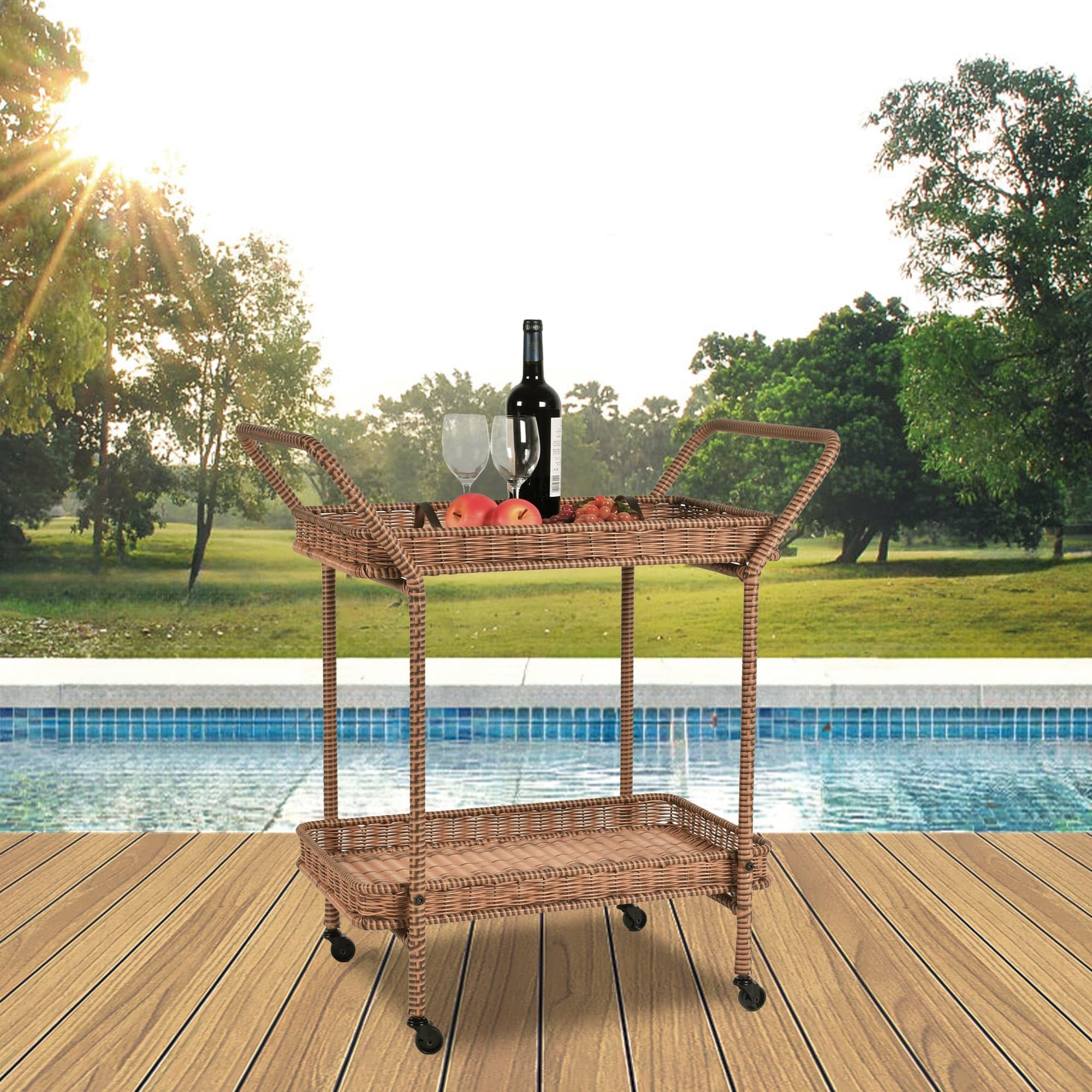 Premium Jeco Outdoor Resin Wicker Serving Cart - Portable Bar Cart with Wheels for Patio, Garden, Poolside & Outdoor Entertaining