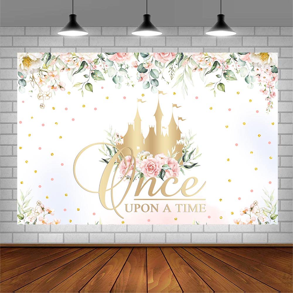 Sendy 7x5ft Once Upon a Time Backdrop - Fairy Tale Book Themed Birthday Party Decor, Princess Floral Castle Photography Background for Baby Showers, Cake Tables & Photo Props (Pink & Gold) - Perfect for Girls' Birthday Parties, Baby Showers & Themed Photoshoots