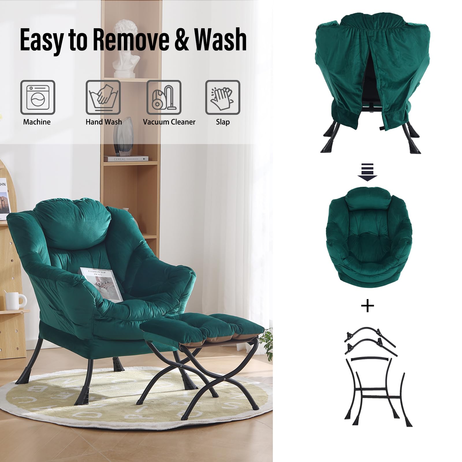 Oversized Lounge Chair with Ottoman - Modern Accent Chair with Folding Footrest, Velvet Dark Green Comfortable Reading Chair for Bedroom, Study, Living Room & Courtyard - Perfect for Relaxing, Reading & Home Decor