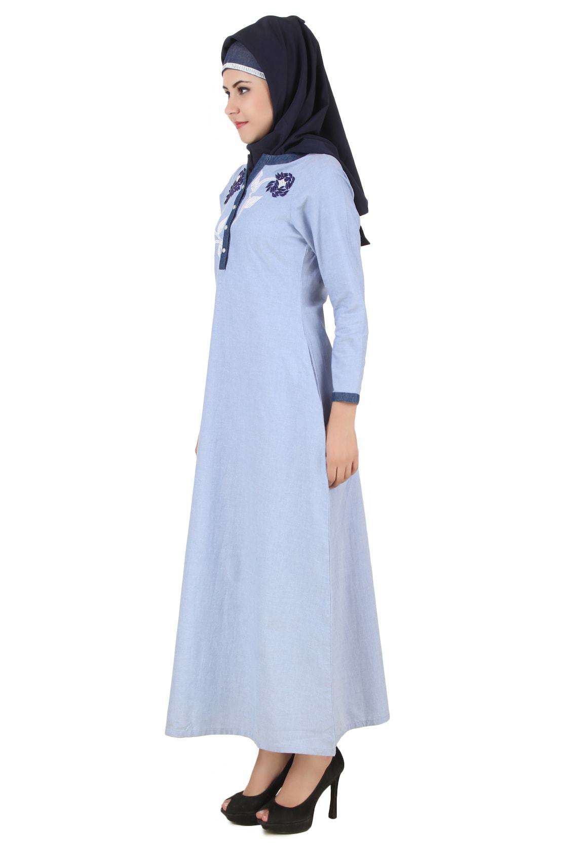 Mahek Ice Blue Chambray Cotton Abaya - Modest Muslim Dress for Women | Lightweight & Breathable Prayer Dress | Perfect for Eid, Ramadan & Daily Wear