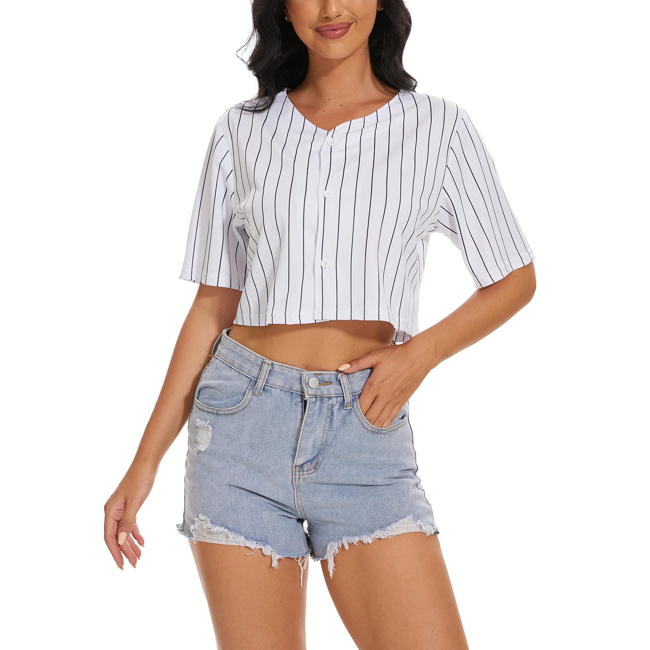 Women's Baseball Jersey Short Sleeve Crop Top - Blank Button Up Casual Softball Shirt | Athletic Activewear Tee for Summer Sports & Streetwear Fashion