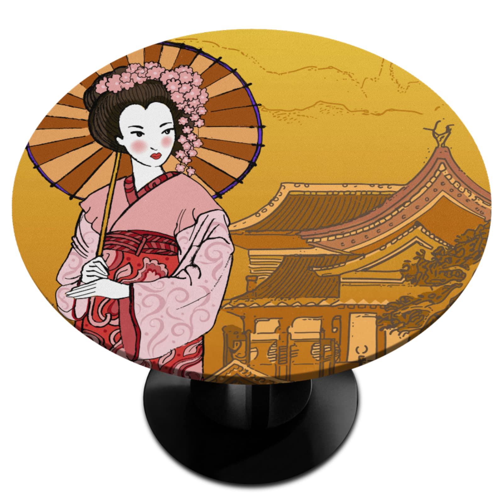 Japanese Geisha Print Elastic Fitted Tablecloth - Waterproof & Wipeable Vinyl Cover for 45