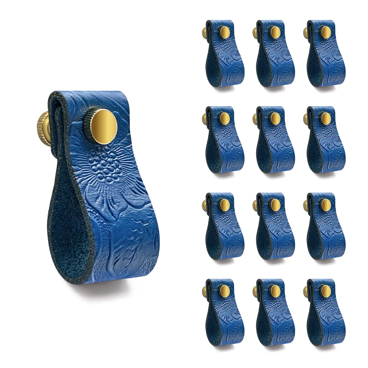 12 Pack Blue Leather Drawer Pulls - Soft Ergonomic Knobs for Dresser & Cabinet Hardware Replacement - Upgrade Furniture Handles (Perfect for Bedroom, Office & Kitchen Storage Organization)