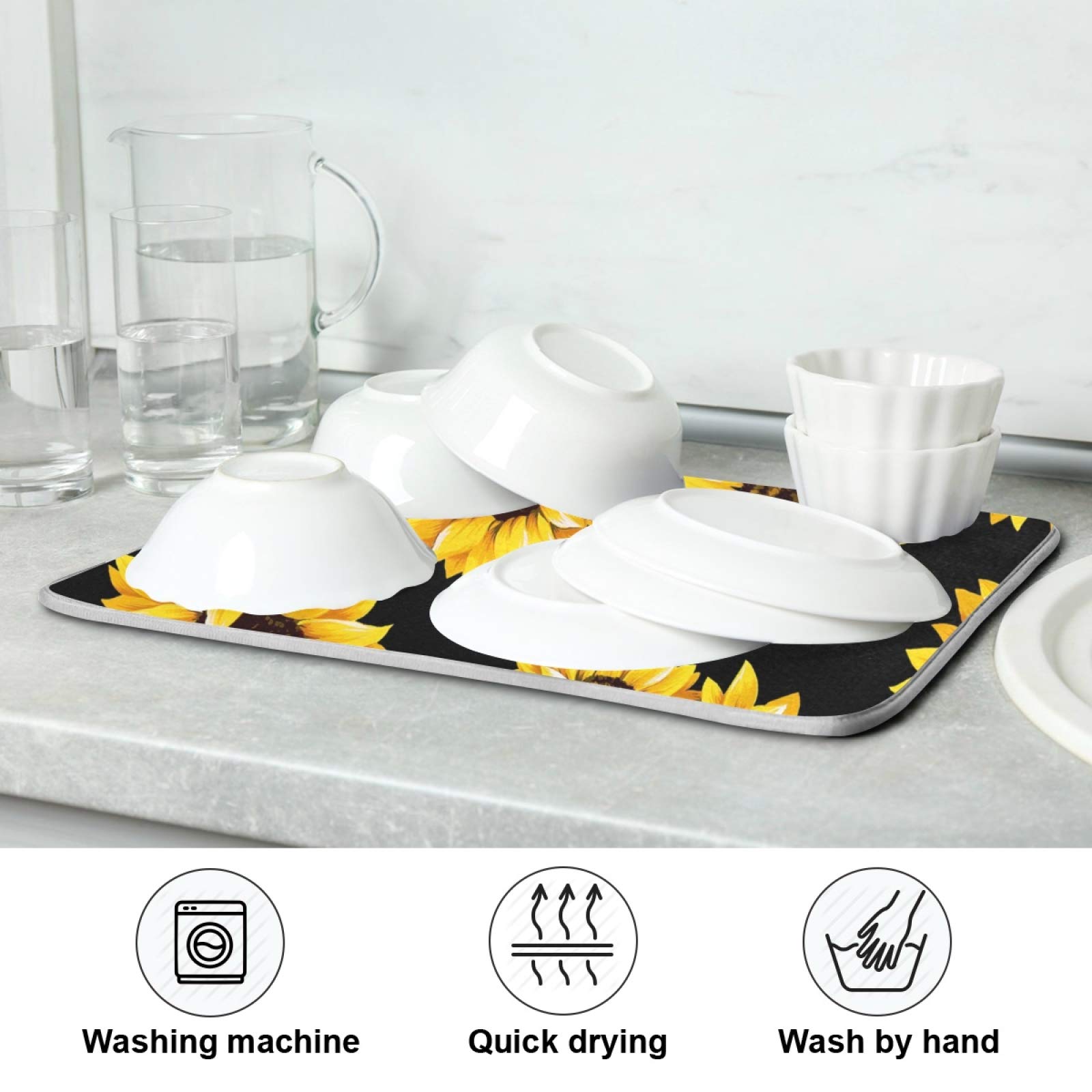 Absorbent Sunflower Dish Drying Mat - 16x18 Inch Polyester Kitchen Counter Mat with Hanging Loop | Quick-Dry Dish Rack Alternative for Sink, Countertop & Cabinet Organization