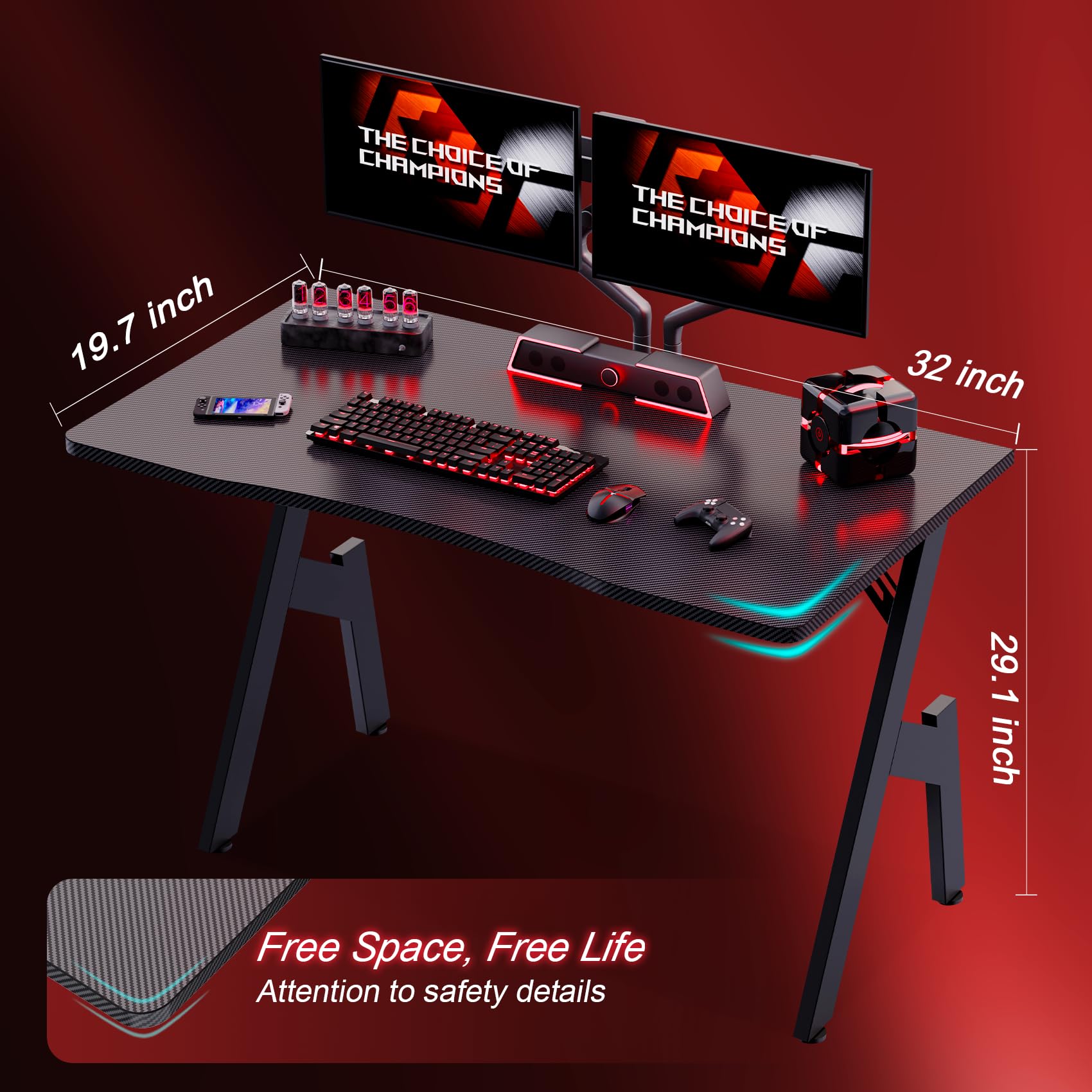 32 Inch Gaming Desk with Carbon Fiber Surface - Ergonomic A-Shaped Computer Workstation for Home Office | Sturdy PC Gaming Table for Esports & Streaming Setup | Perfect for Small Spaces & Multi-Monitor Arrangements