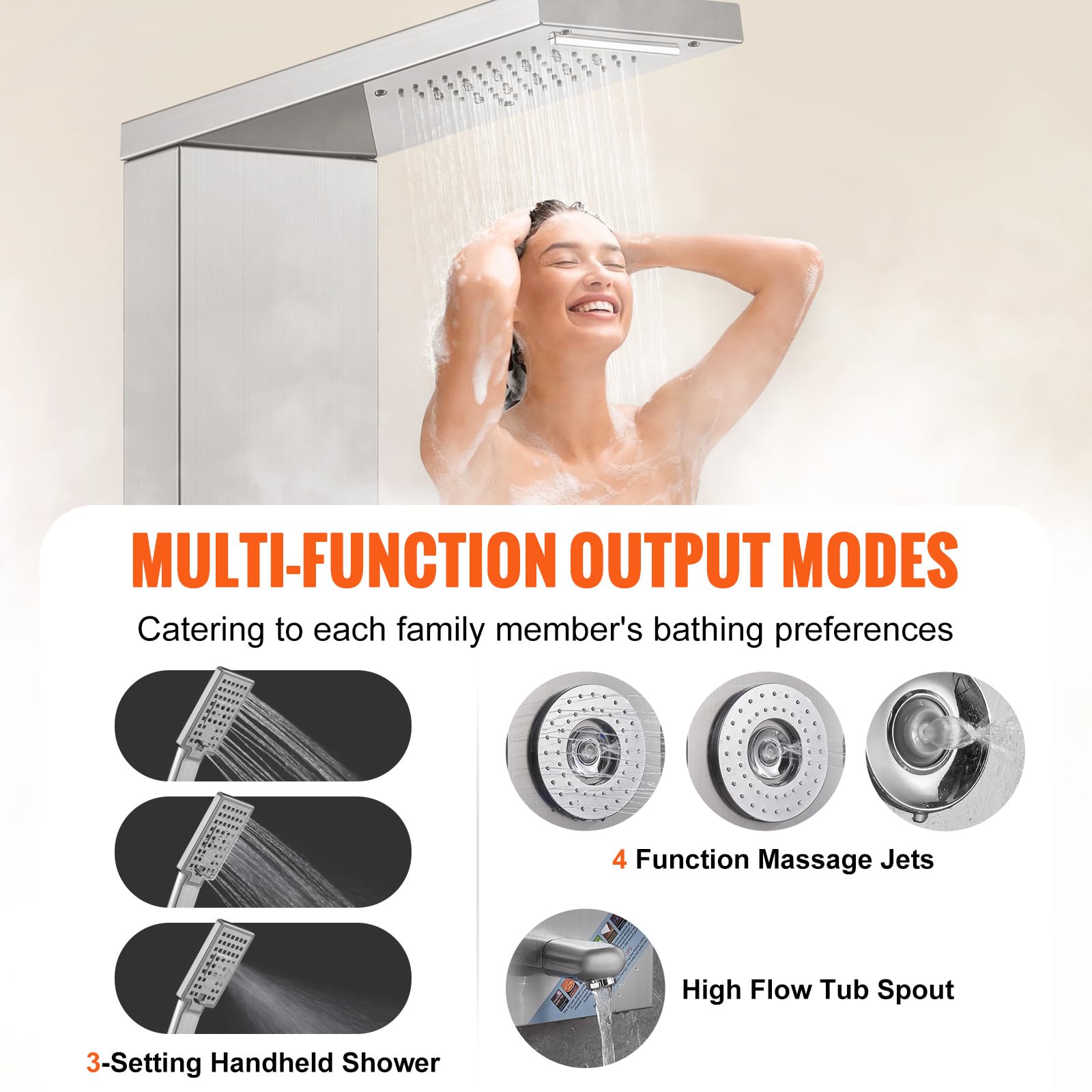VEVOR Stainless Steel Shower Panel System with 6 Shower Modes - LED Rainfall Shower Tower, Waterfall & 4 Body Massage Jets, Wall-Mounted Shower Set with Tub Spout & 59