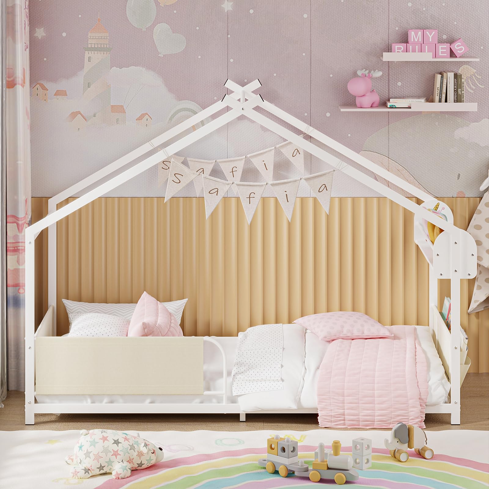 Timy House Twin Size Montessori Metal Floor Bed with Storage Rack & Caddy - No Box Spring Needed White Kids Bed Frame - Perfect for Montessori Bedrooms, Small Spaces & Toddler Sleep Training